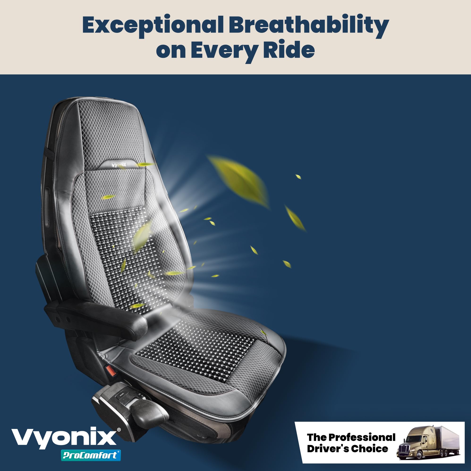 Vyonix Semi Truck Beaded Seat Covers, Cooling Faux Leather, Black, Model VX_SM_10, Universal Fit for Volvo, Kenworth, Freightliner