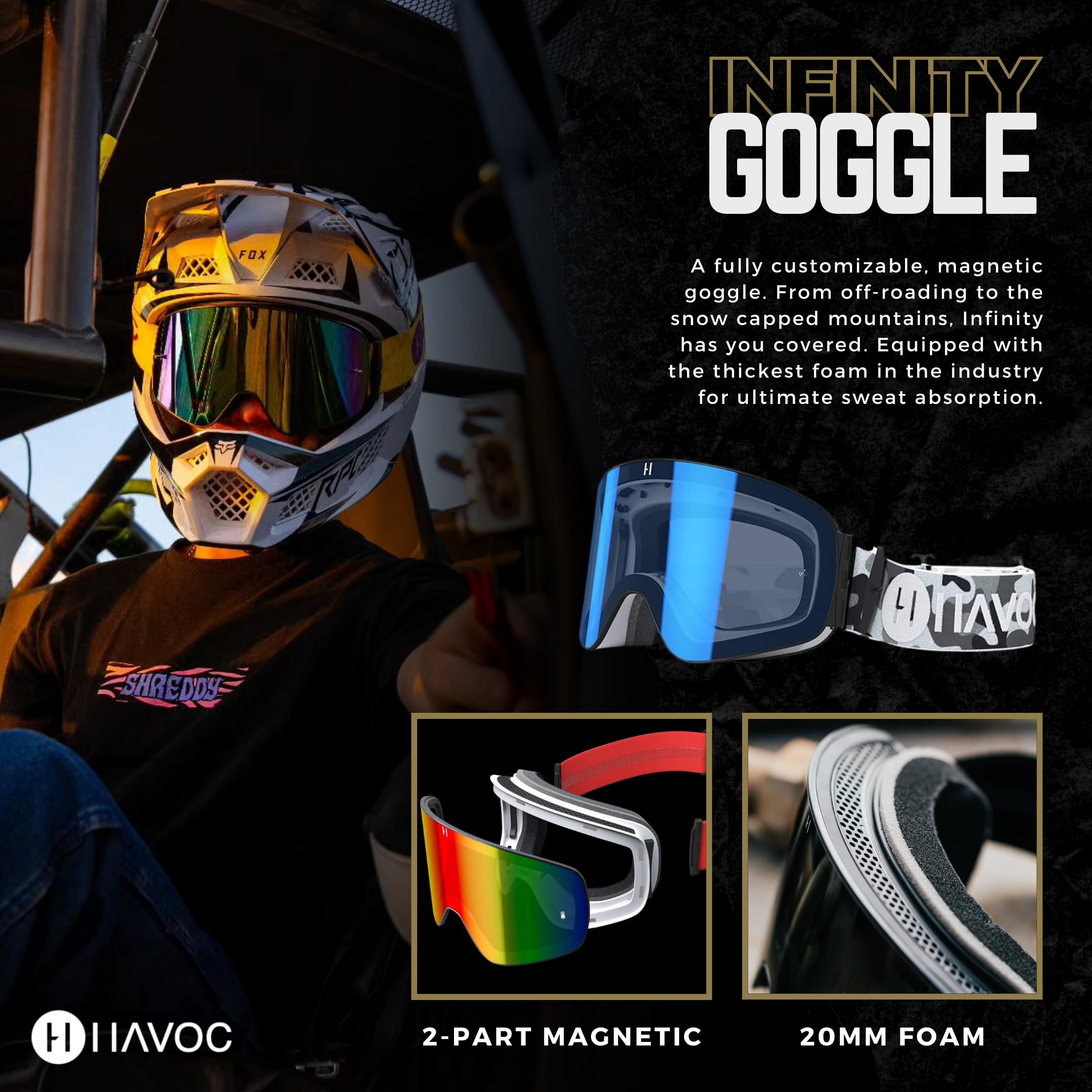 Havoc Racing Magnetic Frameless Goggles - For Motocross, Dirt Biking, Snowboarding, Atv, & Utv - Arctic Camo Goggles, Clear Lens