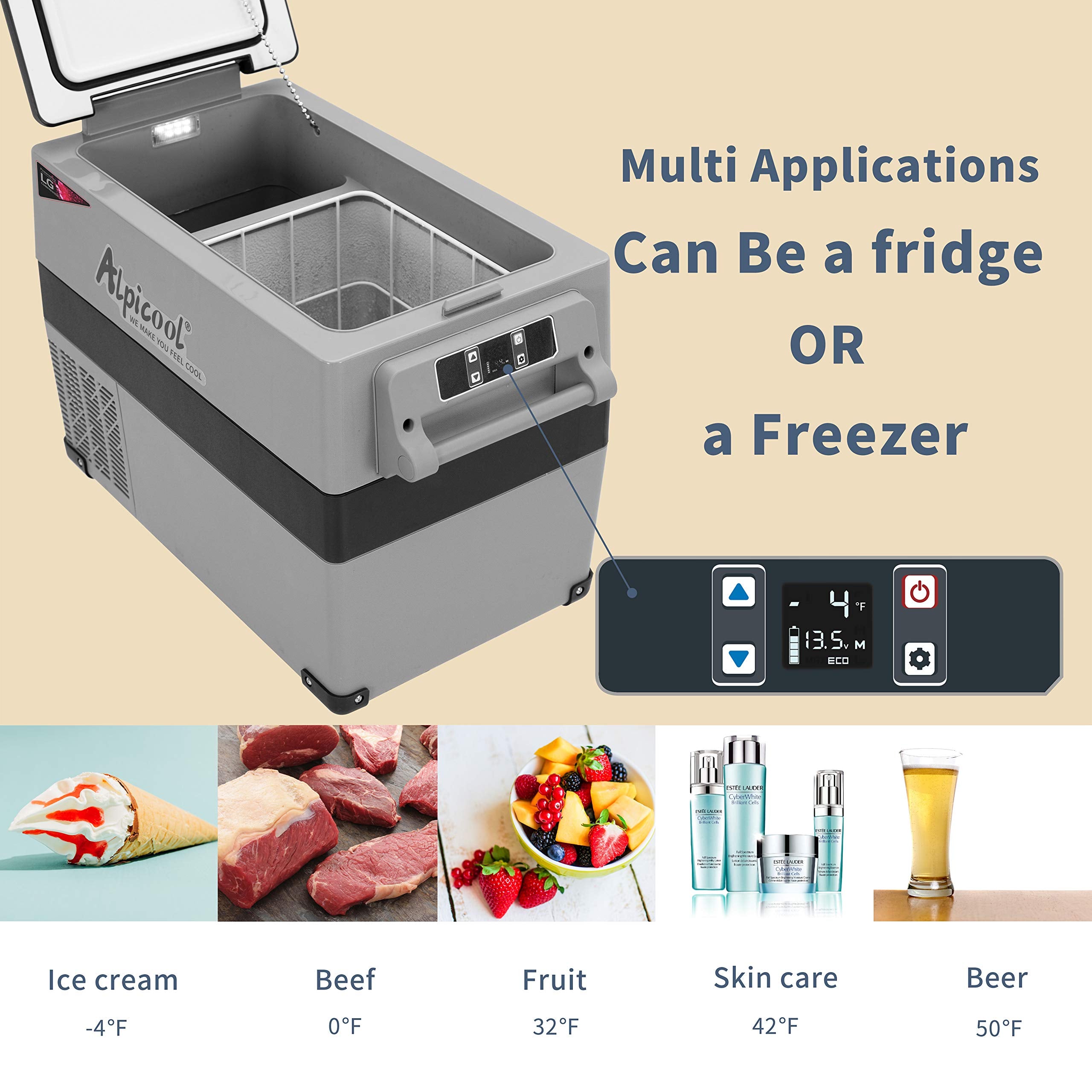 Alpicool LGCF45 Portable Refrigerator - 42 Qt Mini Fridge Freezer for Truck, RV, Outdoor -12/24V DC, -4℉~68℉ Temperature Range