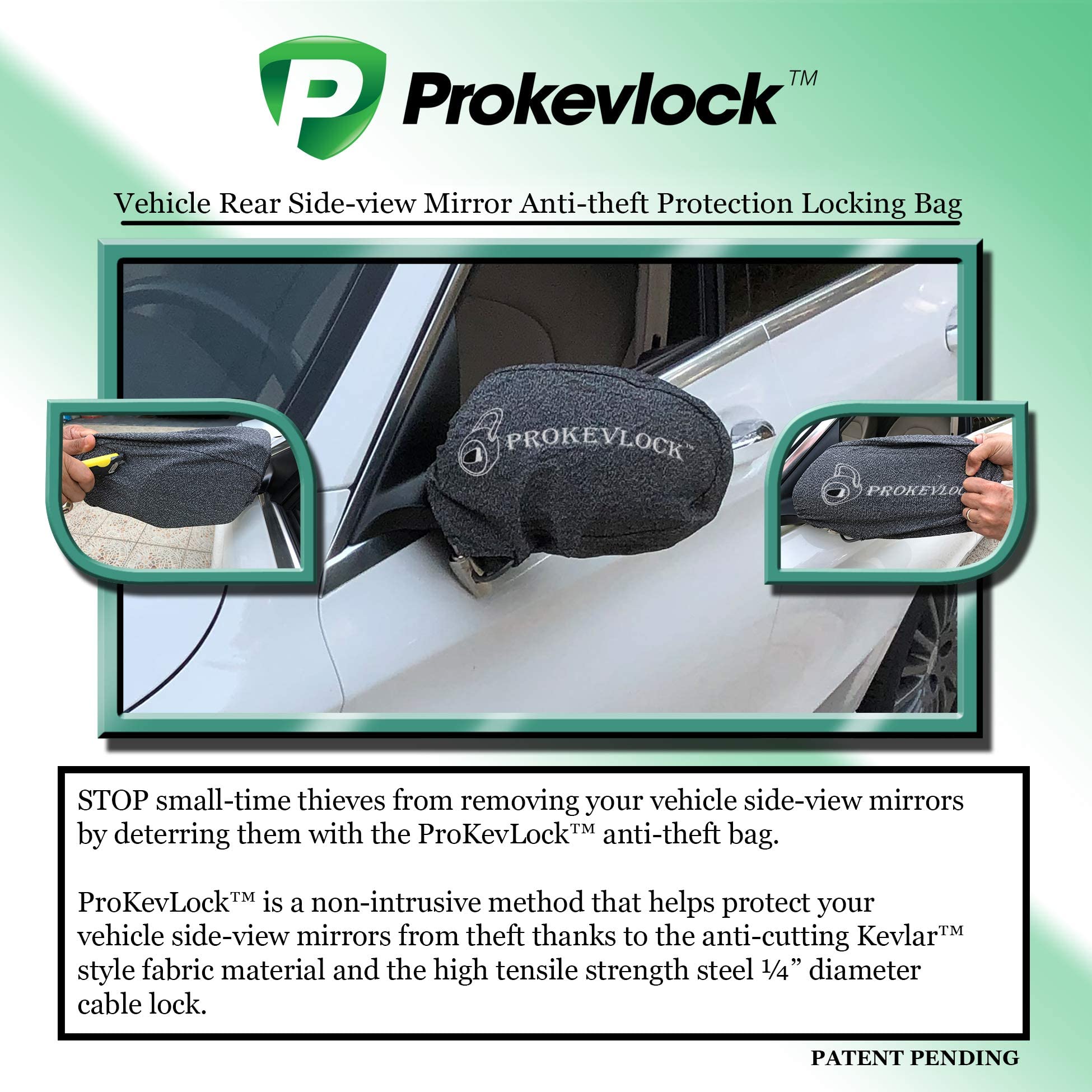 Prokevlock Vehicle Side Mirror Covers Set - Anti-Theft Lock, UHMWPE, Grey, 16"x9"x5", Fits All Vehicles & Most Pickup Trucks