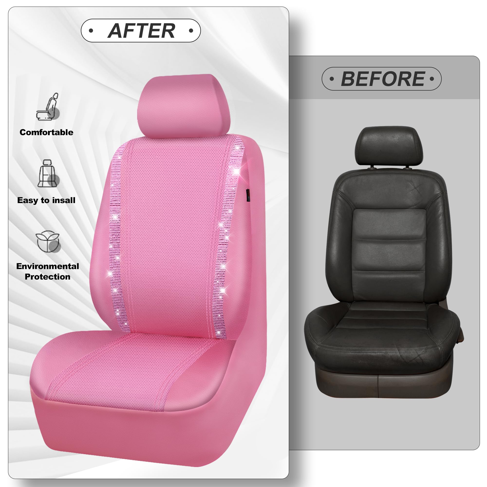 CAR PASS Bling Car Seat Covers, Waterproof Faux Leather, Pink, Two Front Seats, Rhinestone Sparkle for Women
