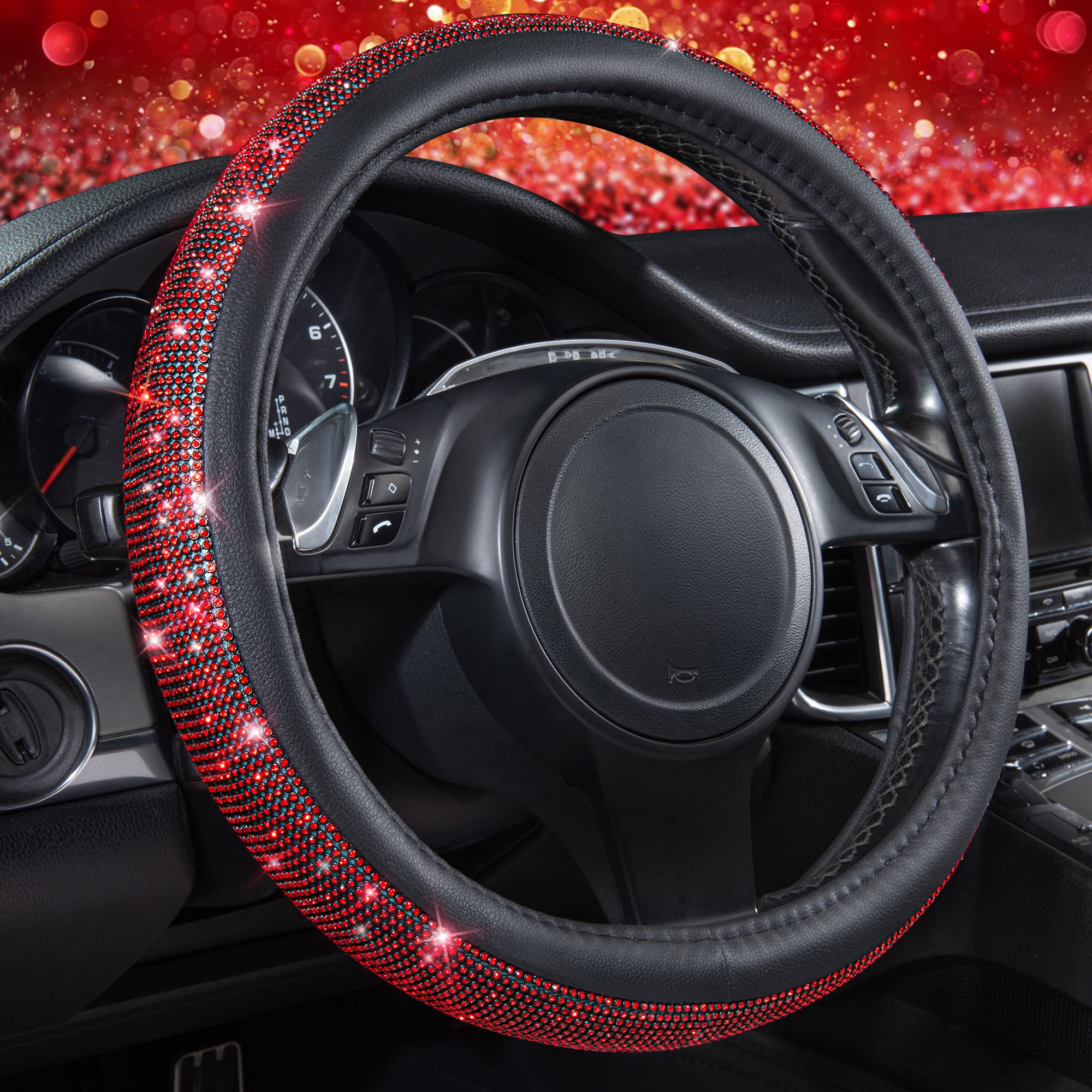 Car Pass Red Diamond Black Leather Steering Wheel Cover, With Bling Crystal Rhinestones Universal Fit 14'' 1/2-15'' Crystal Glit