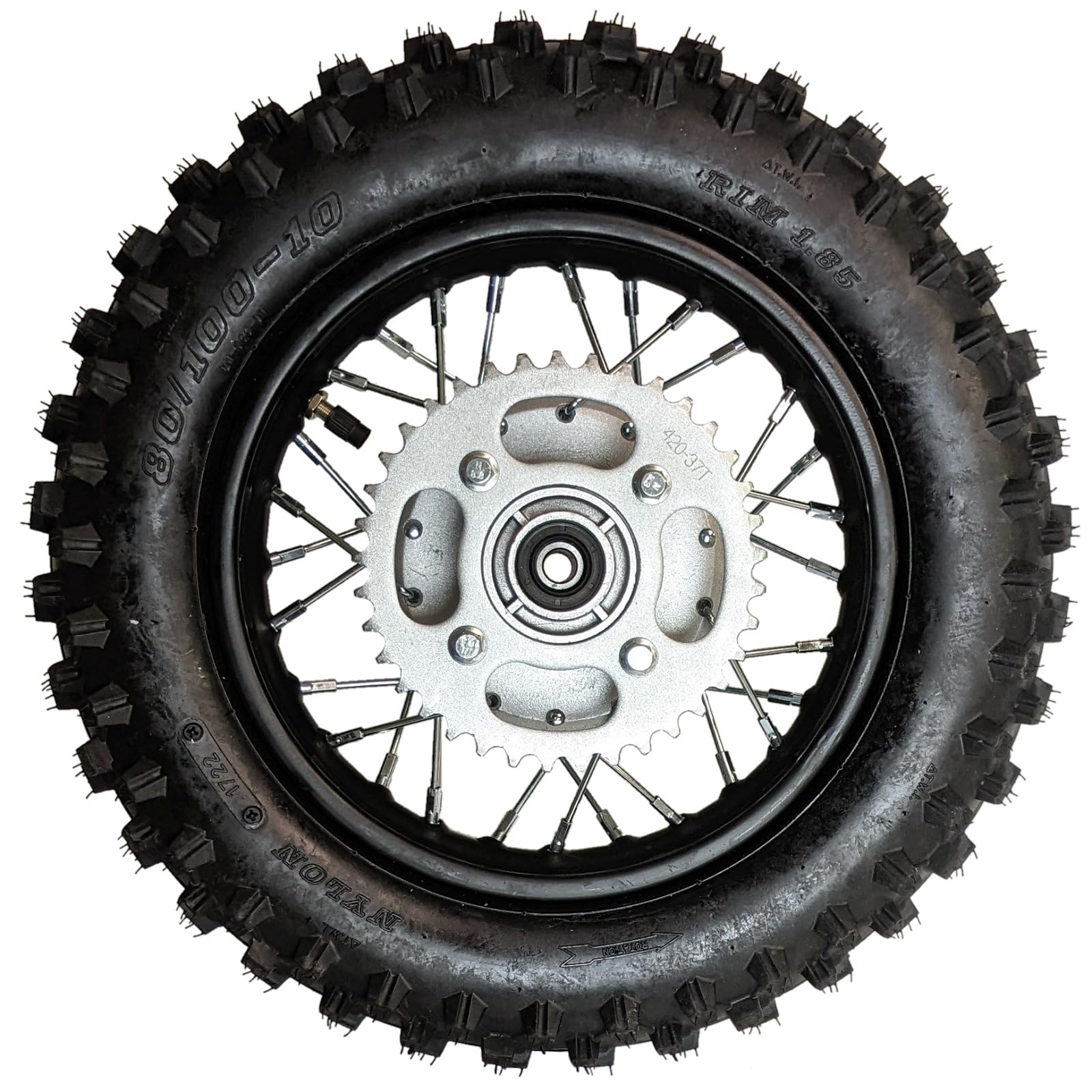 RedCap 10" Rear Wheel Rim Tire Assembly - 3.00-10, Black, Stainless Steel, 12mm Bearing for 50cc-110cc Dirt Pit Bikes