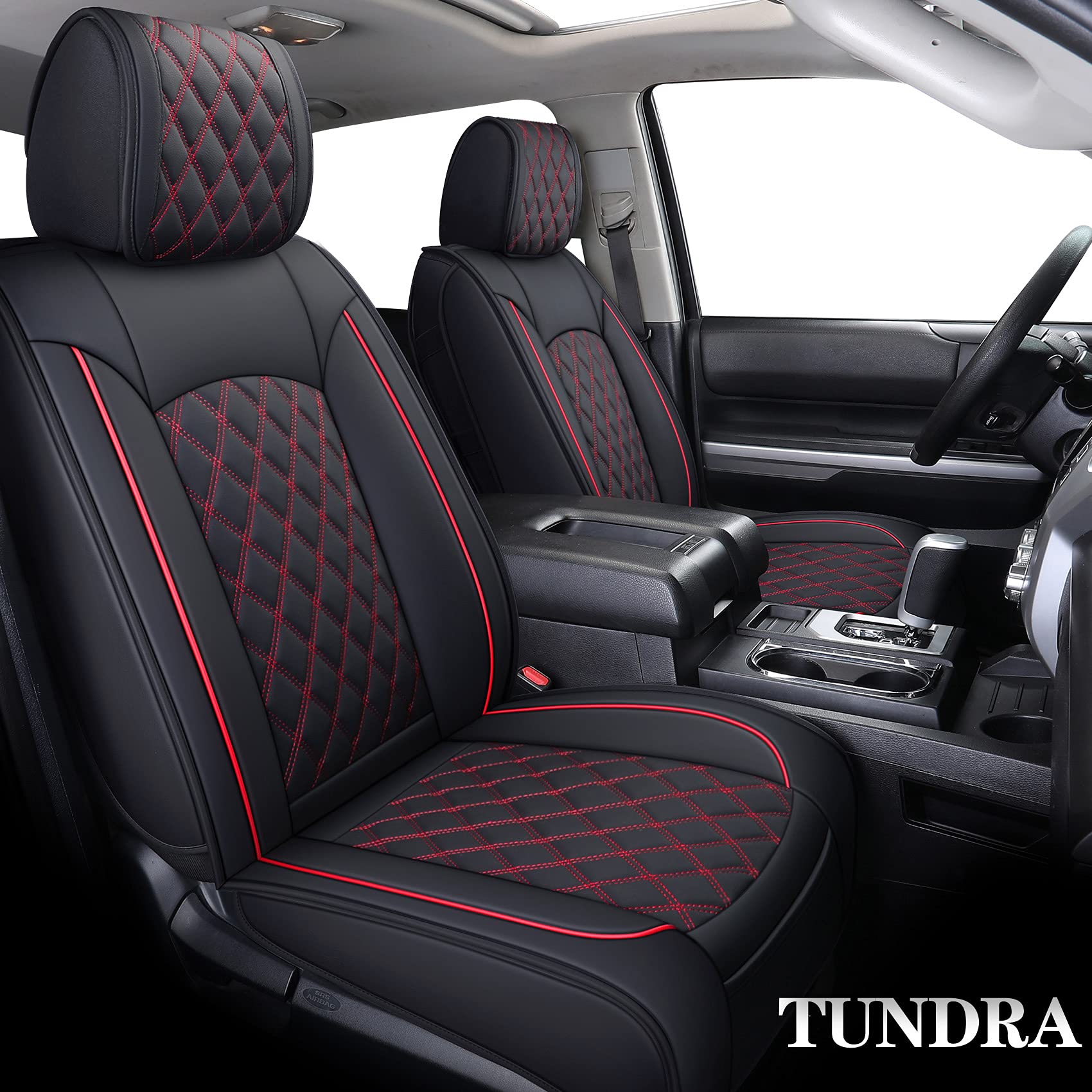 Yiertai Trucks Seat Covers Compatible With 2008-2023 2024 2025 Toyota Tundra Sr5 Crewmax Double Cab Crew Extended Cab Pickup Waterproof Leather Seat Protectors(5 Pcs Full Set/Black-Red)