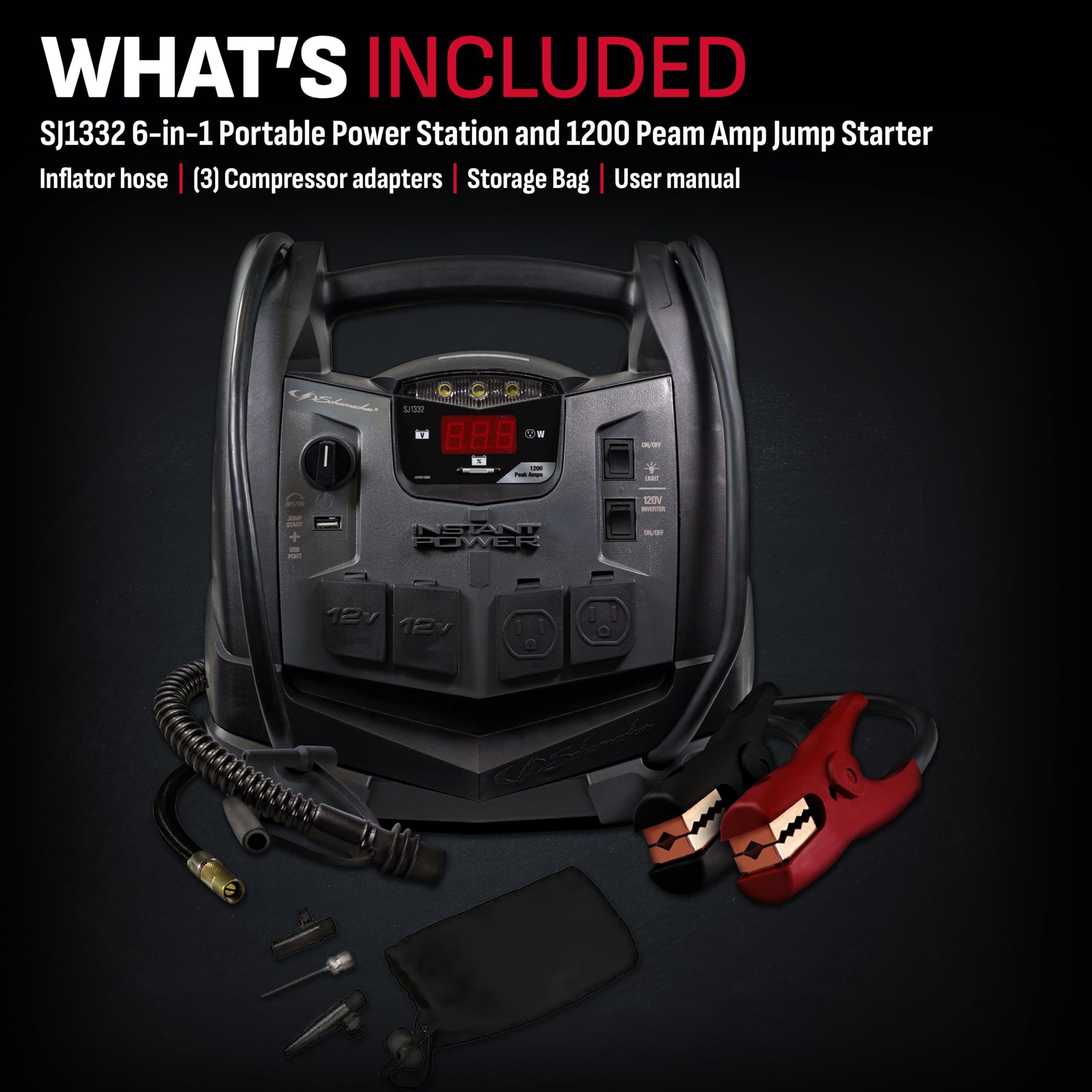 Schumacher SJ1332 Portable Power Station & Jump Starter, 1200 Peak Amps, 150-PSI Air Compressor, 200W Inverter, Black