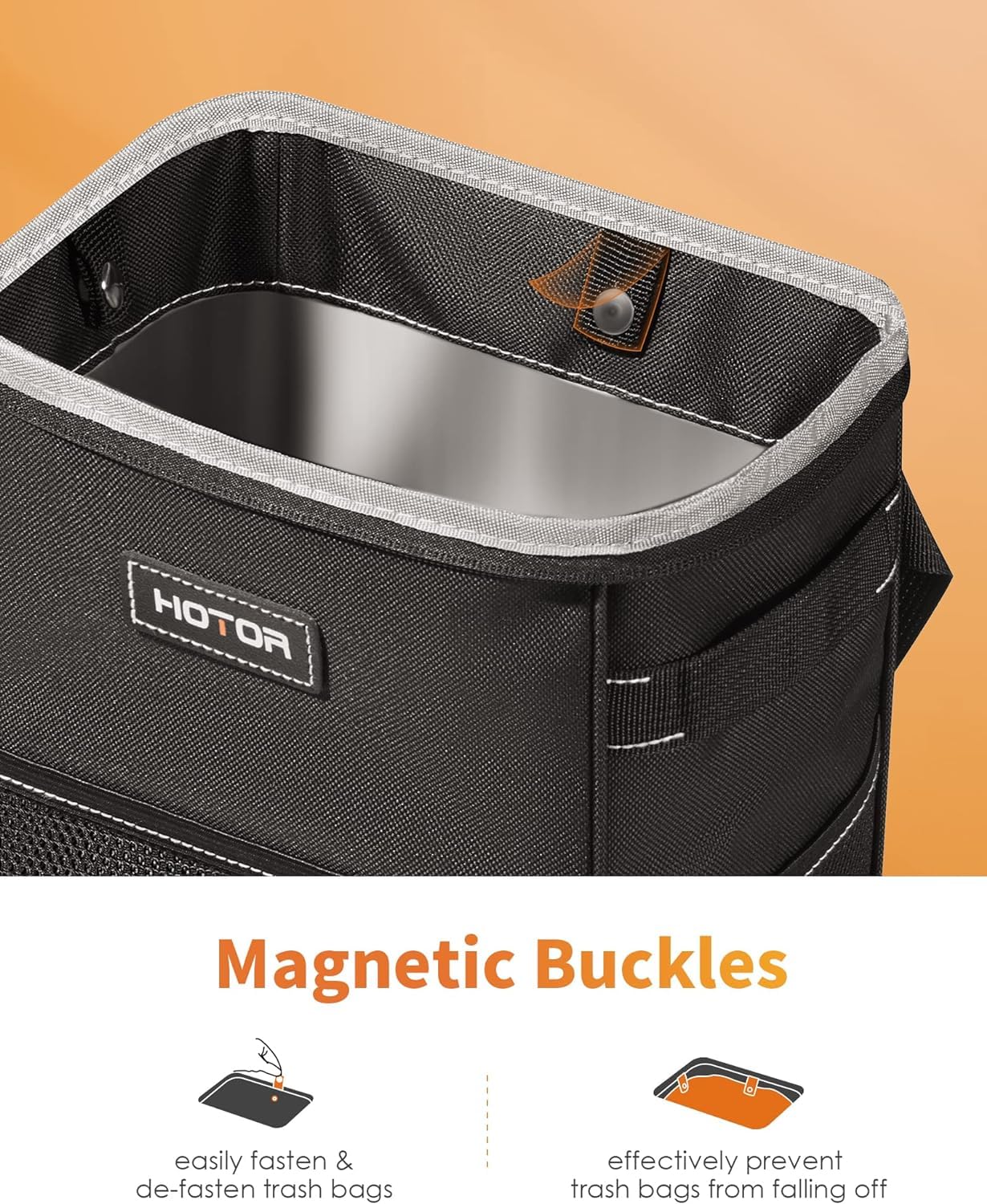 HOTOR Car Trash Can - 2 Gallon Leak-Proof Waterproof Bin with Lid & Pockets, Black, Model HT138
