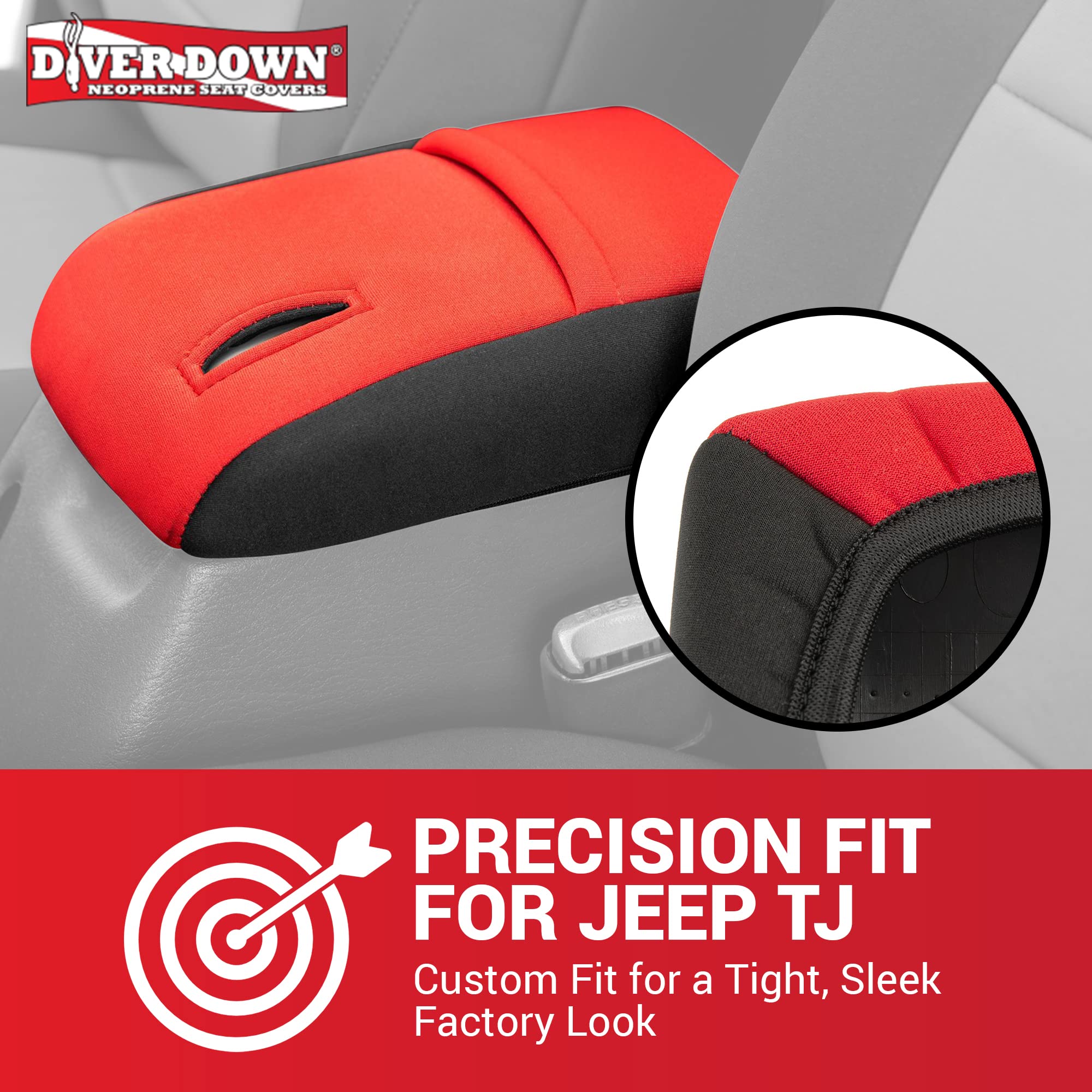 Diver Down Neoprene Center Console Cover - Fits Jeep 1997-2006 Tj Wrangler - Cushioned Armrest Cover - Doesn'T Burn Your Elbow - Tight Custom Fit - Comfortable Foam Armrest Pad (97-00 Red)