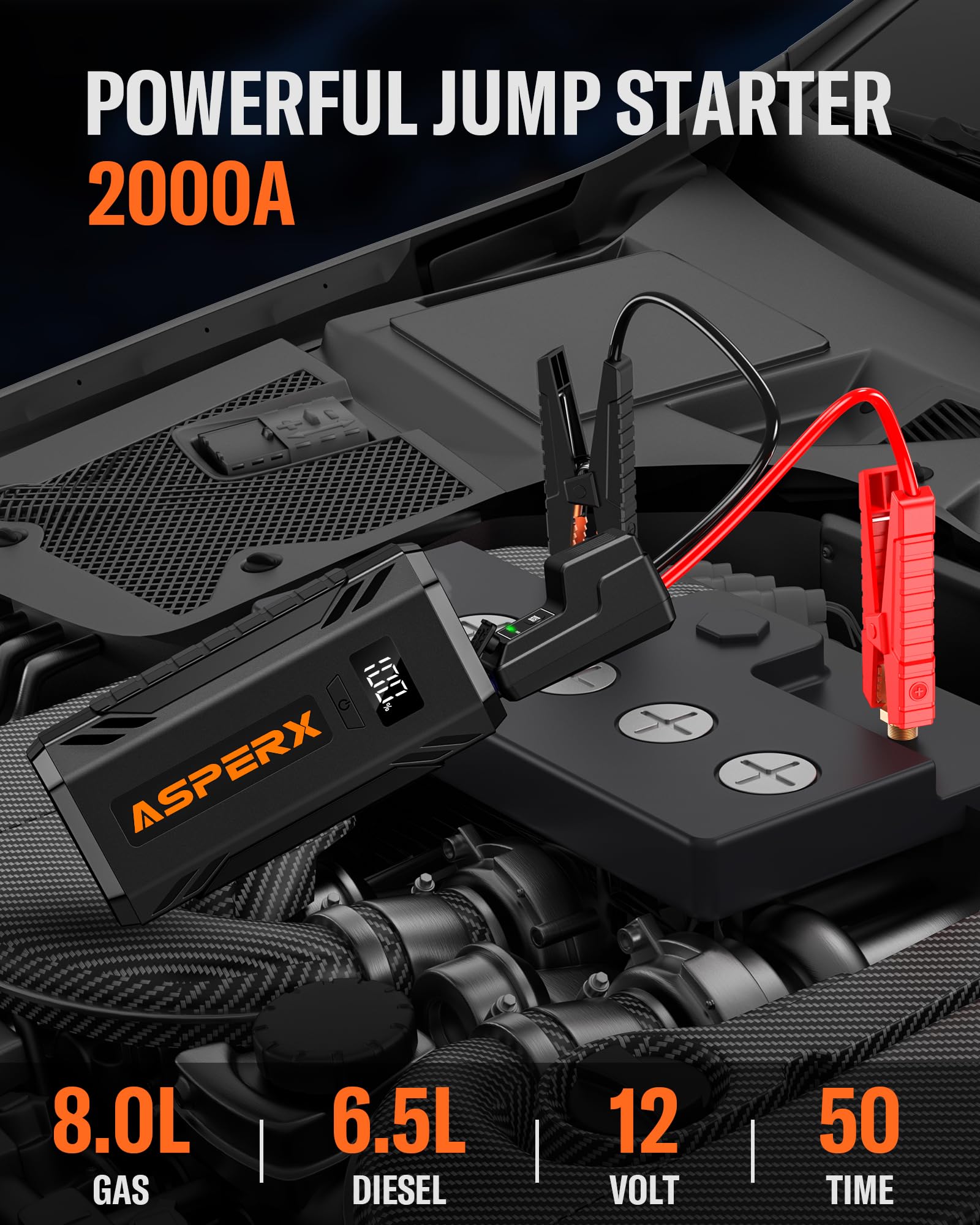 Asperx Jump Starter, 2000A Peak Car Battery Jump Starter For Up To 8.0L Gas Or 6.5L Diesel Engine, 12V Portable Car Battery Boos