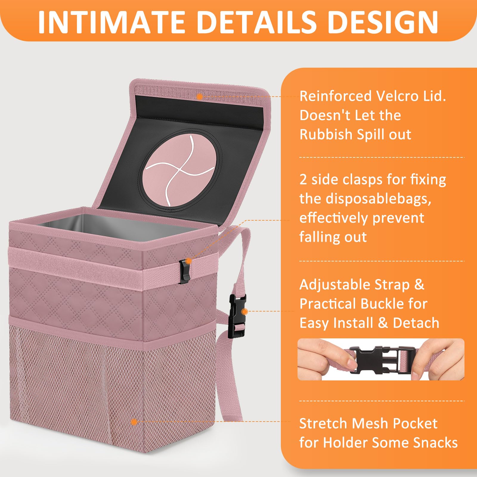 Vankor Car Trash Can - Waterproof 2.2 Gallons Polyester Bin, Quilted-Pink, Model 220402-16, Leak Proof Automotive Garbage Can