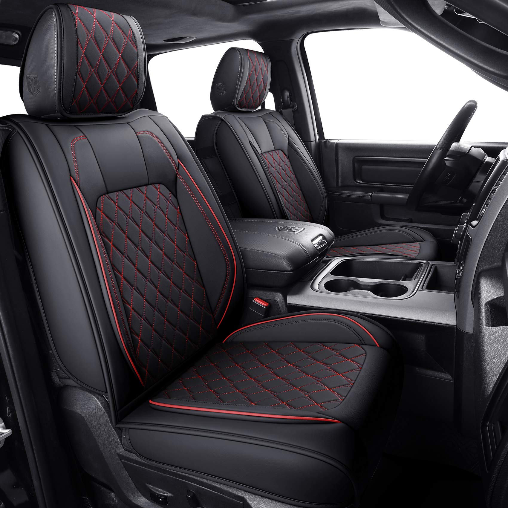 Aierxuan Dodge Ram Front Seat Covers Custom Fit 2009-2023 1500 2500 3500 Crew Quad Regular Cab Truck Pickup Waterproof Leather Airbag Compatible Cushions(2 Pcs Front/Black-Red)