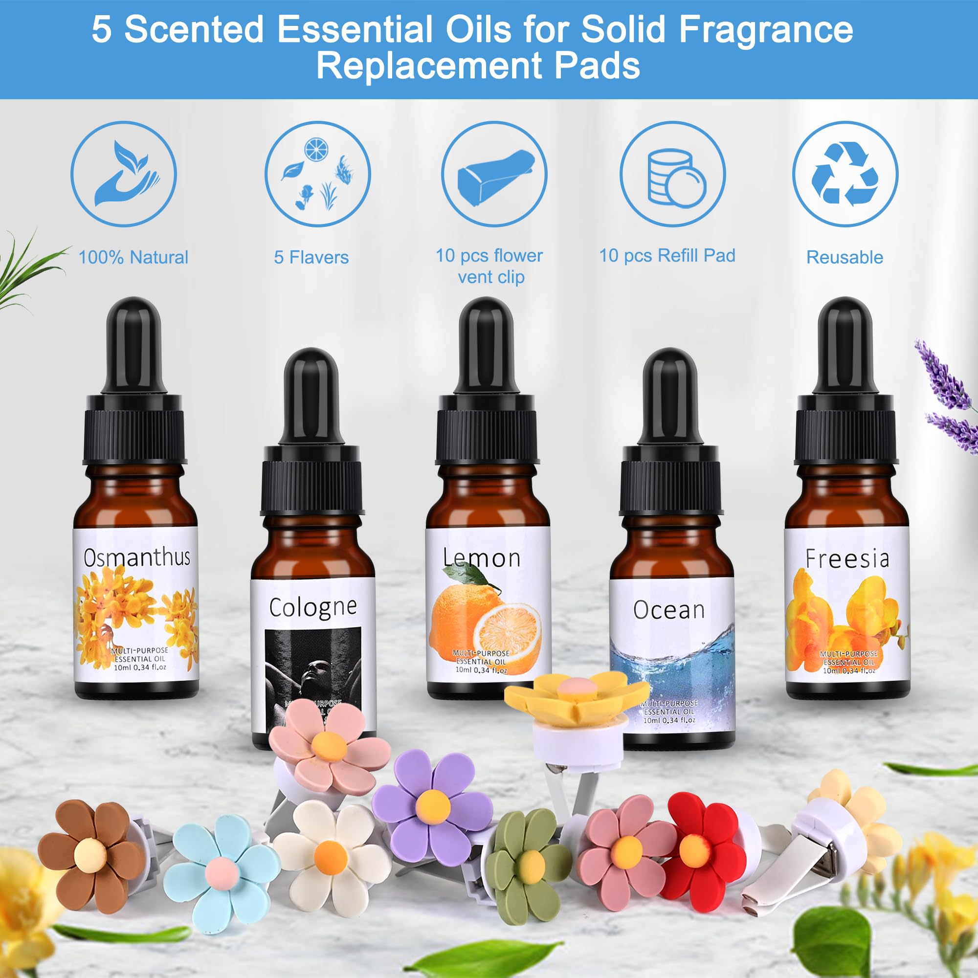 25 Pack Car Air Fresheners,10 PCS Flower Car Air Vent Clip with 5 Essential Oil Scents &10 Refill Pad,Cute Car Interior Accessor