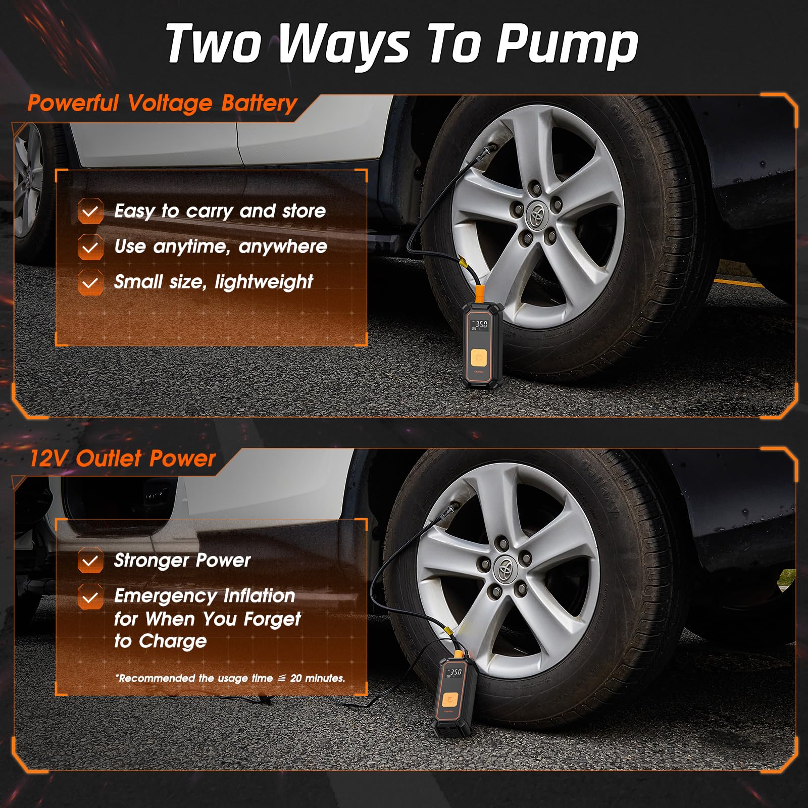 OlarHike Cordless Tire Inflator, 150PSI Air Compressor, 5400mAh, LED Light, Digital Gauge, Model TIC3V306, Orange