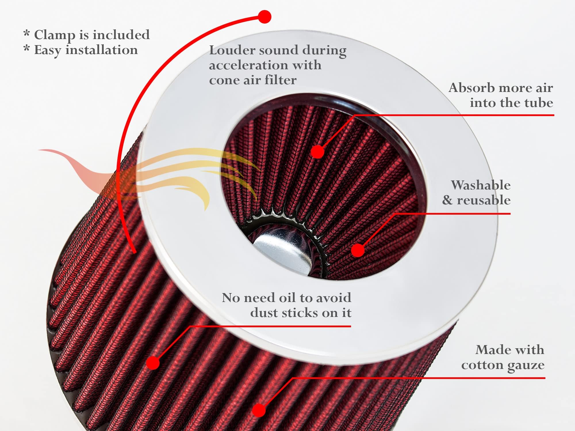 Red 3.5'' 89 Mm Inlet Truck Cold Air Cone Replacement Performance Washable Clamp-On Dry Air Filter (8'' Tall)