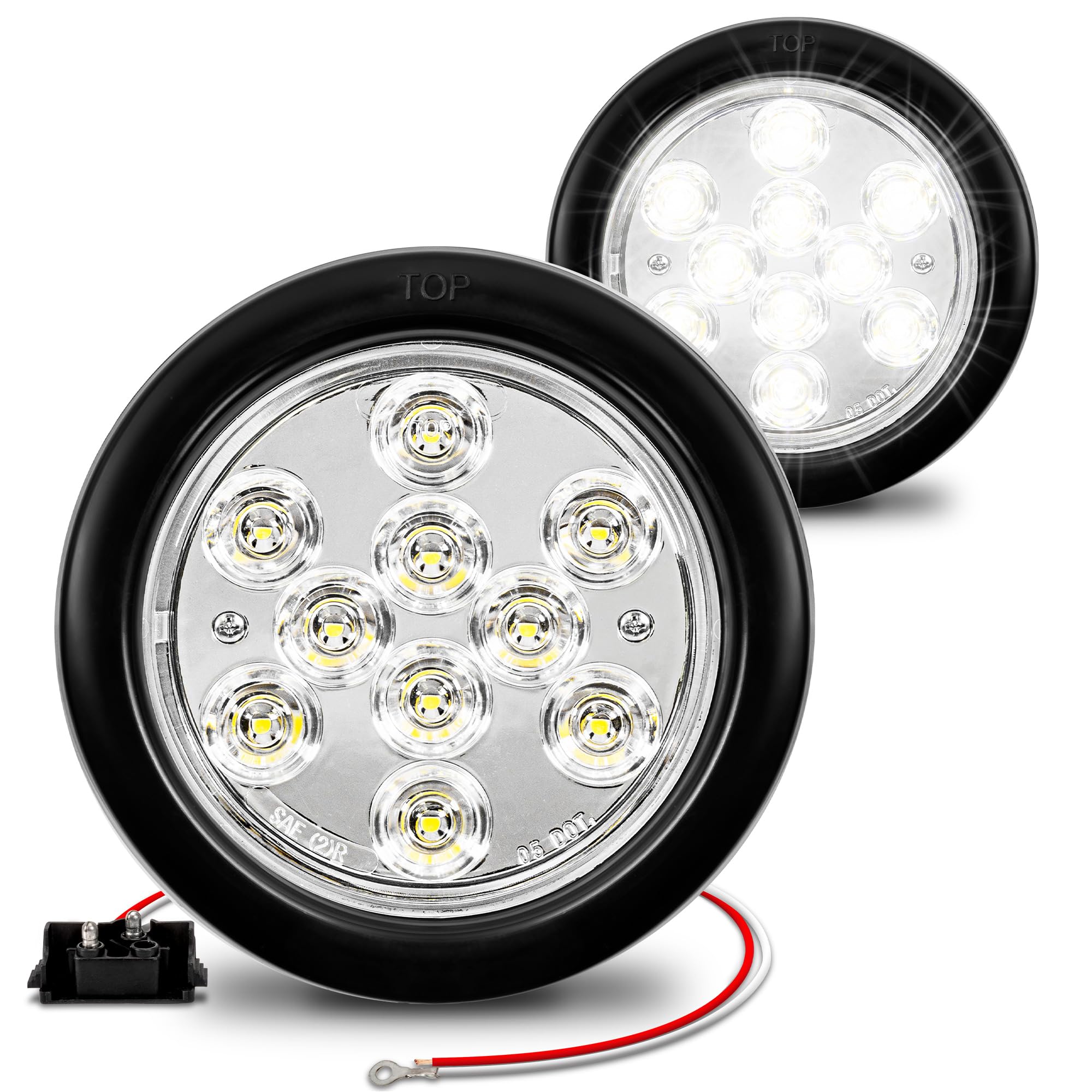 TRUE MODS 2pc 4 Round Clear White 10 LED Trailer Tail Lights [DOT FMVSS 108] [SAE (2) R] [Grommet & Plug] [IP67 Waterproof] Reve