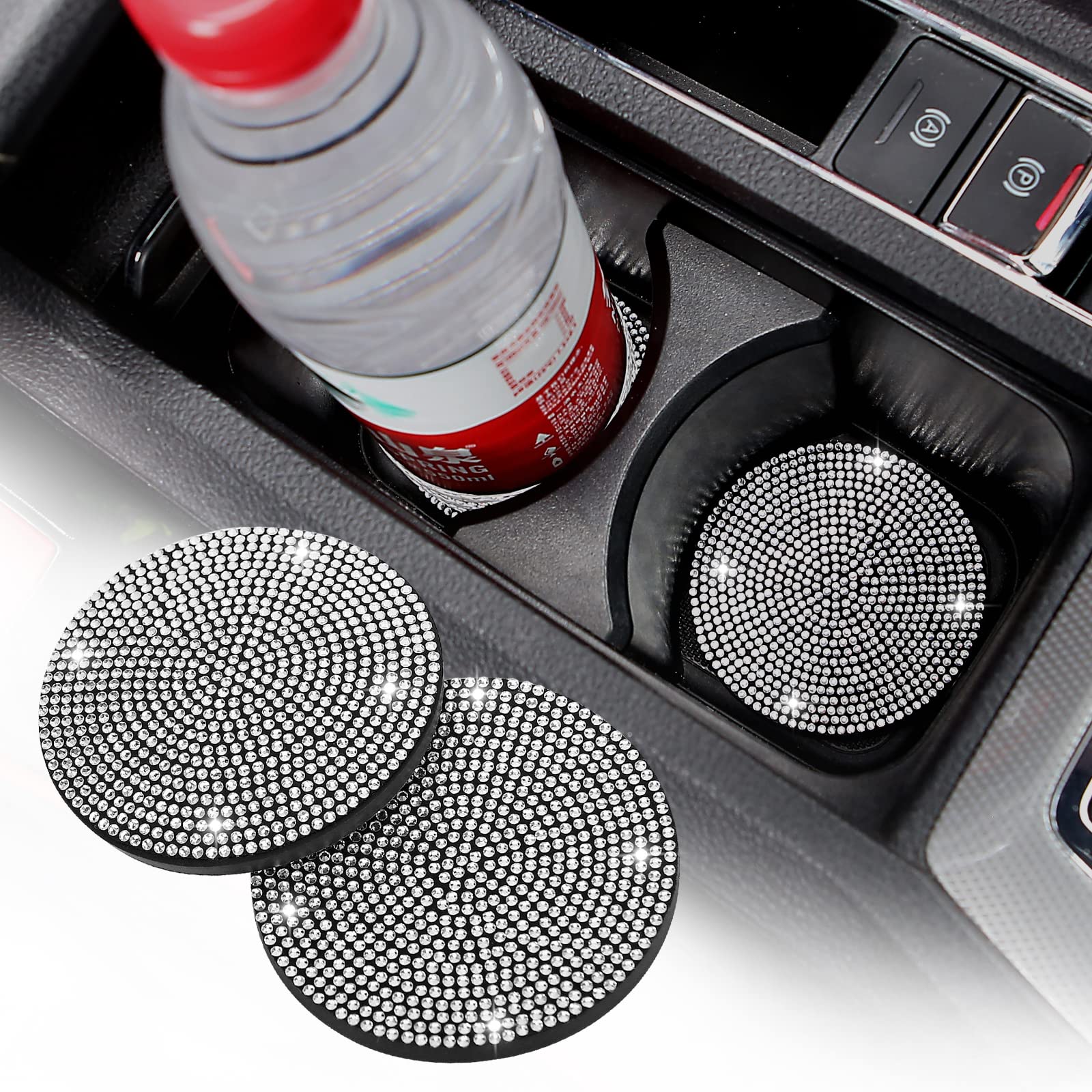 2 Pack Bling Cup Holder Insert Coasters, 2.75 Inch Soft Crystal Rhinestone Rubber Pad Set Round Auto Drink Coaster Car Interior 