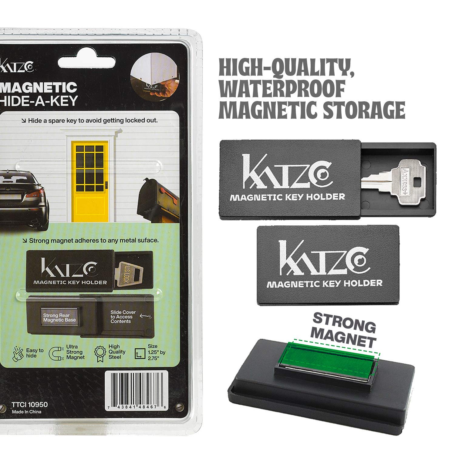 Katzco Magnetic Key Holder - 3 Pack - 1.25 X 2.75 Inches - Rugged Black Plastic Cases With Strong Magnets - For Safe Compartment