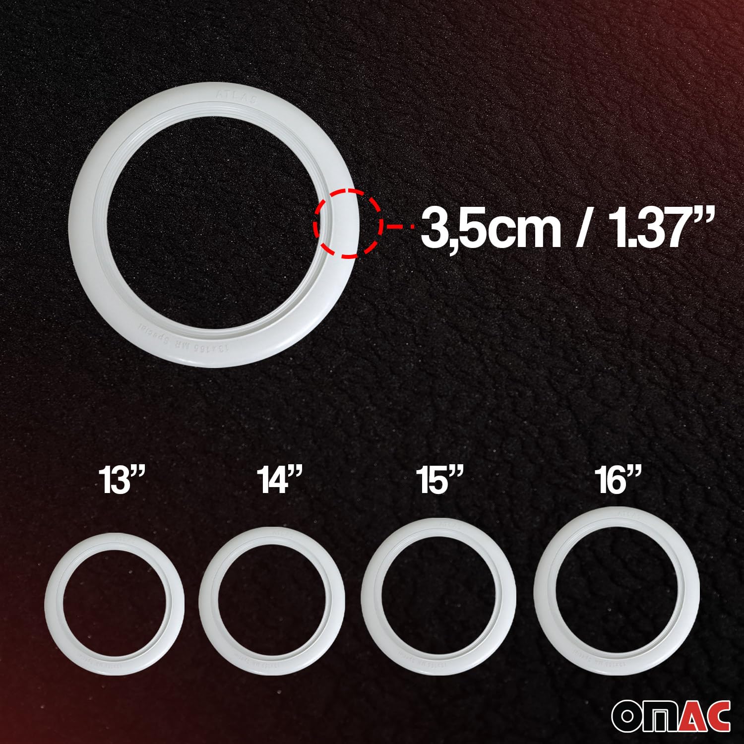 OMAC 15" White Wall Tire Insert Trim Set of 4 - Thin White Rubber, Model 96TW015W