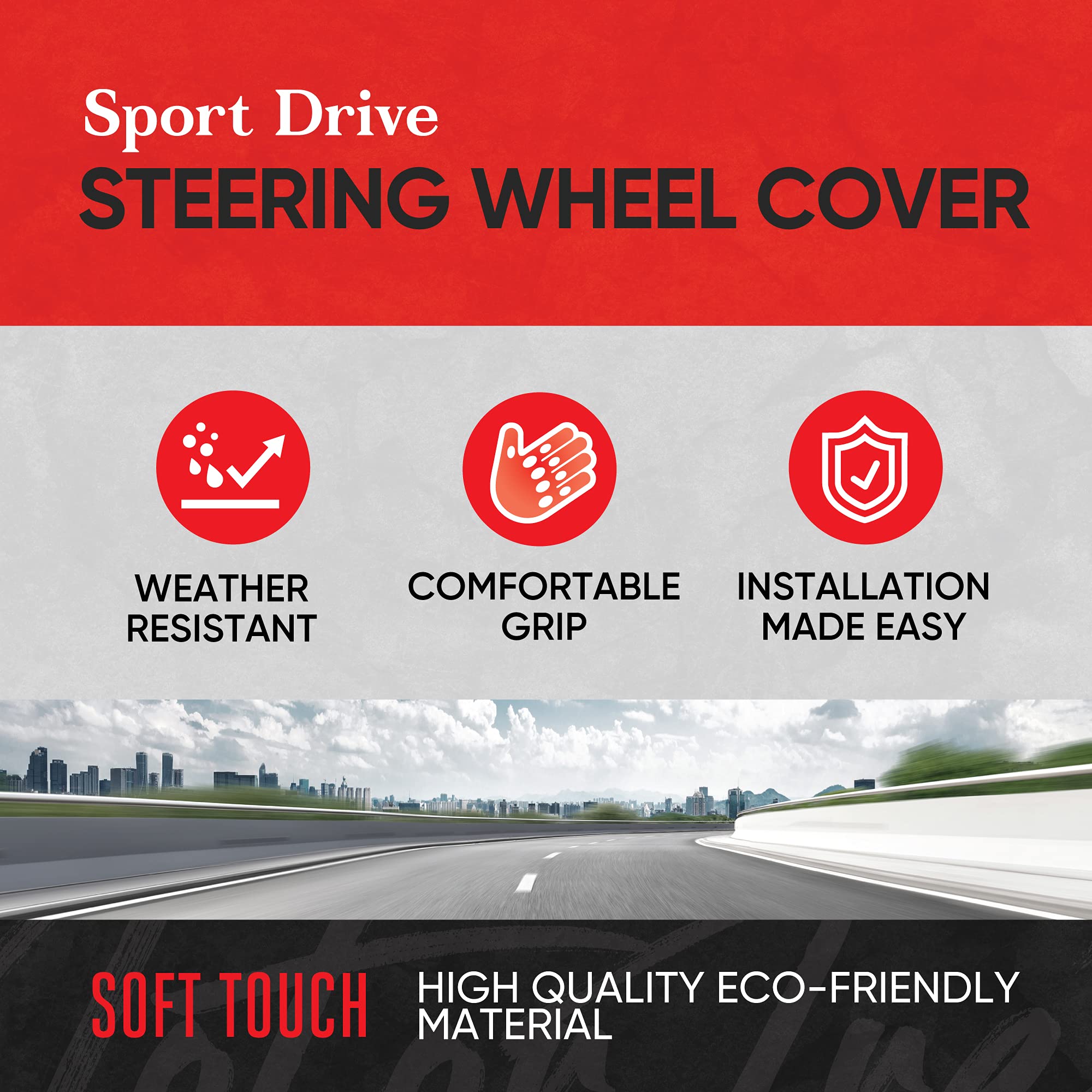 Motor Trend Gripdrive Synthetic Leather Auto Car Steering Wheel Cover Black W/ Red Accent Stitching Comfort Grip - Standard 15 I
