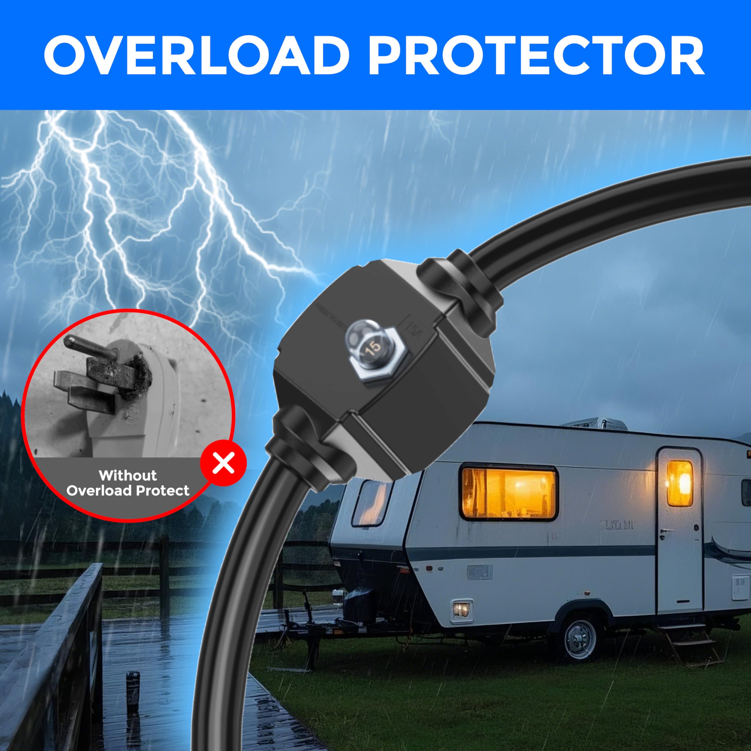 CircleCord 50 Amp to 15 Amp RV Adapter Cord - Heavy Duty 10 Gauge, NEMA 5-15P Male to 14-50R Female, Blue, 15M/