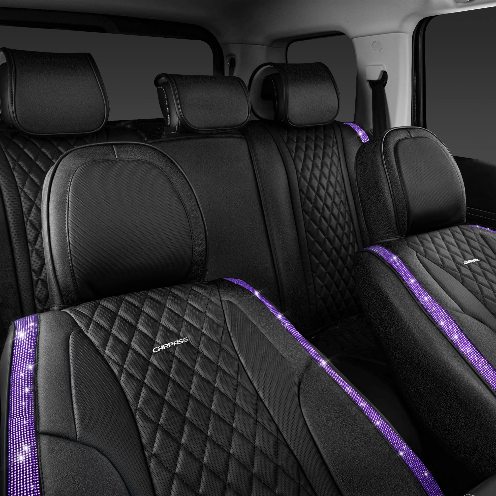 CAR PASS Bling Nappa Leather Car Seat Cover Full Set, Luxury Waterproof, Purple Diamond Rhinestones