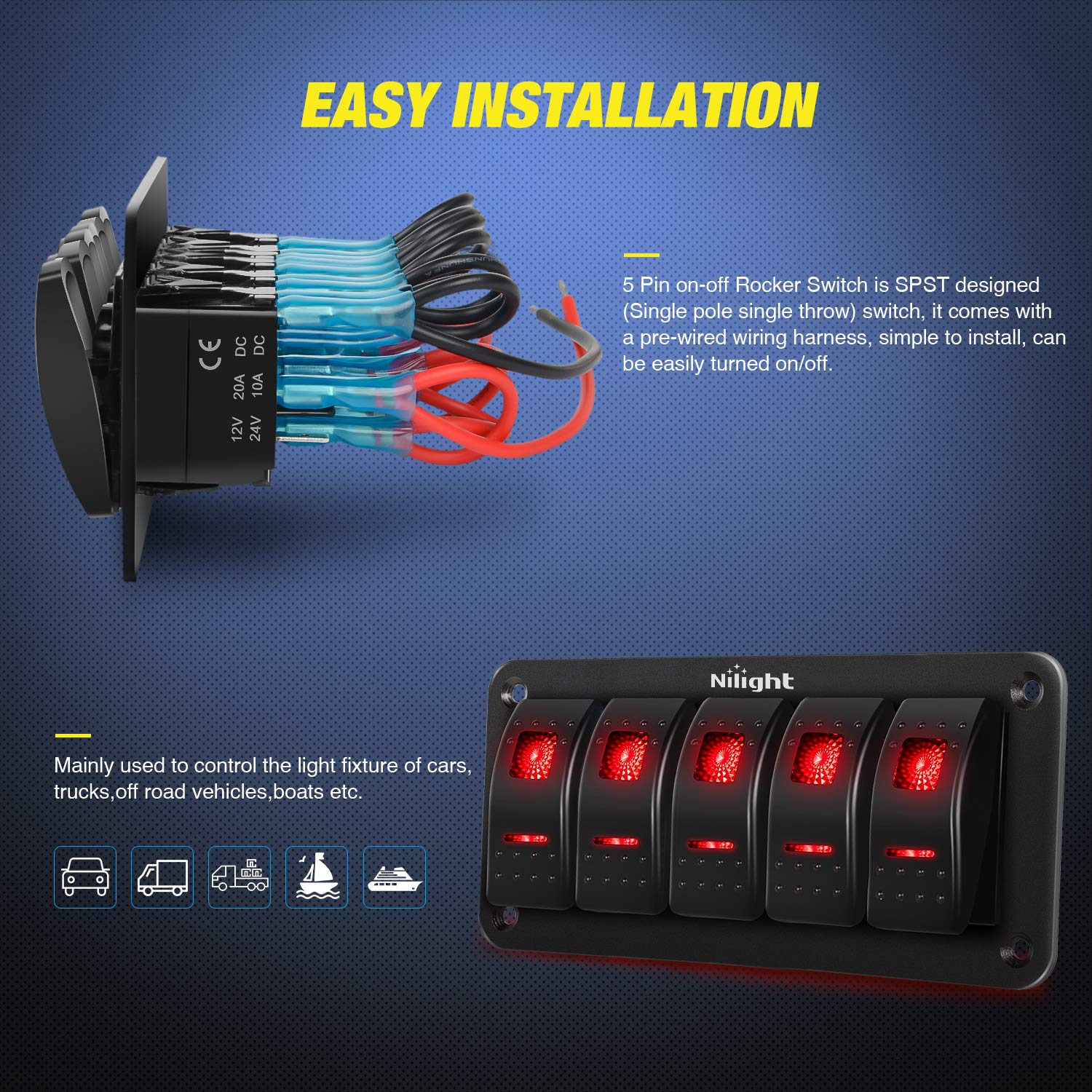 Nilight 5 Gang Rocker Switch Panel 5Pin On Off Toggle Switch Aluminum Holder 12V 24V Dash Pre-Wired Red Backlit Switches For Aut