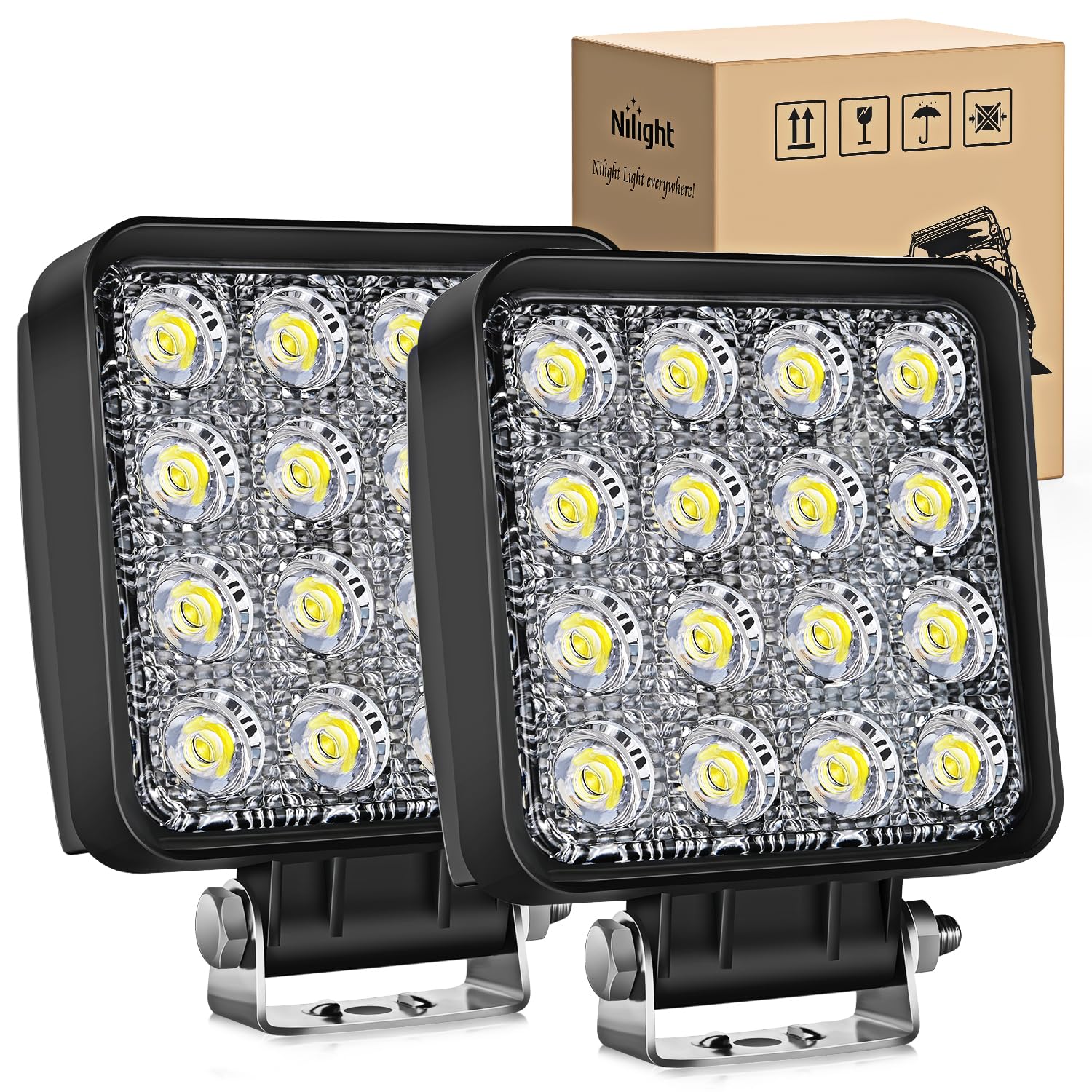 Nilight Led Pod Lights Led Tractor Lights Square Led Work Light 2Pcs 4 Inch 48W Flood Led Light Bar Led Fog Light Driving Light