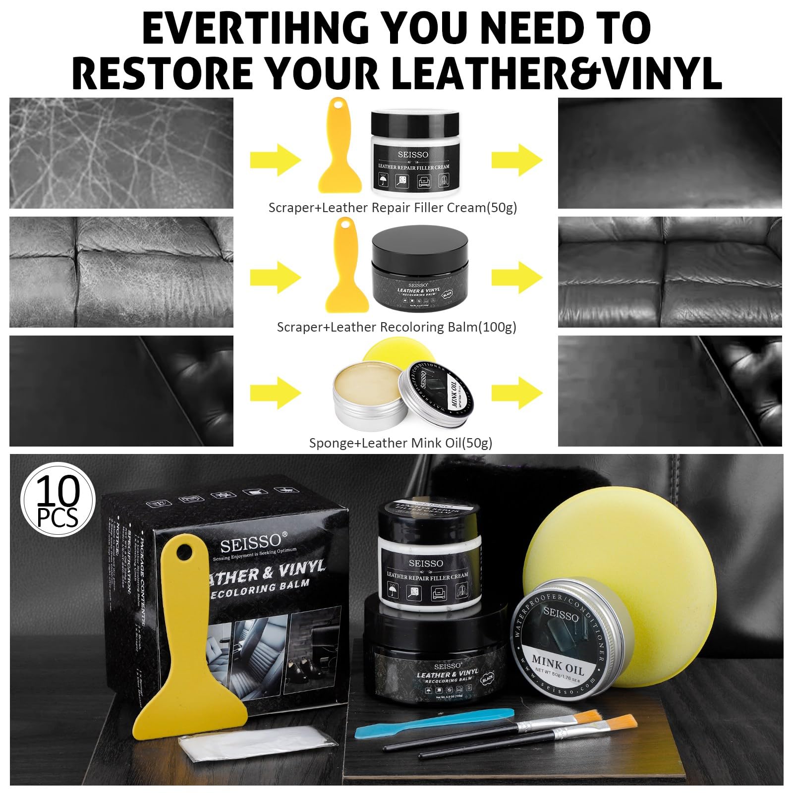 SEISSO Leather Repair Kit for Furniture, Black Vinyl Repair Kit with Mink Oil, Car Interior Leather Recoloring Balm for Scratche
