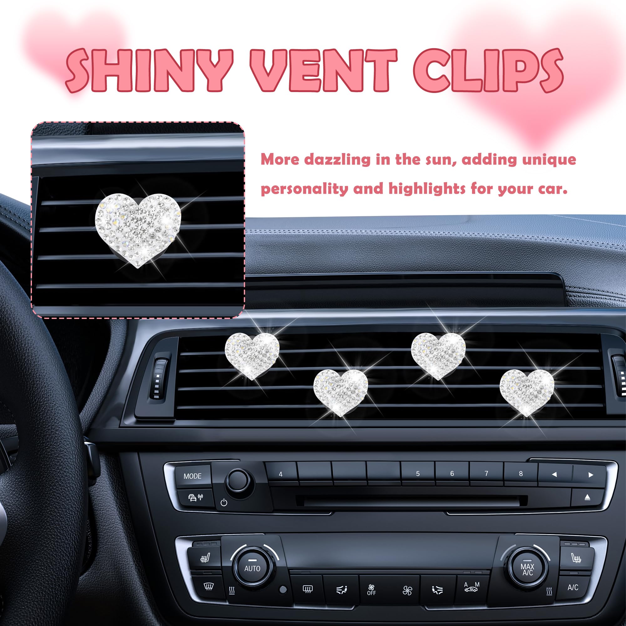 4Pcs Heart-Shaped Car Vent Clips With Rhinestone,Bling Air Vent Clips Car Decorations,Premium Shiny Car Clips For Vents Car Acce