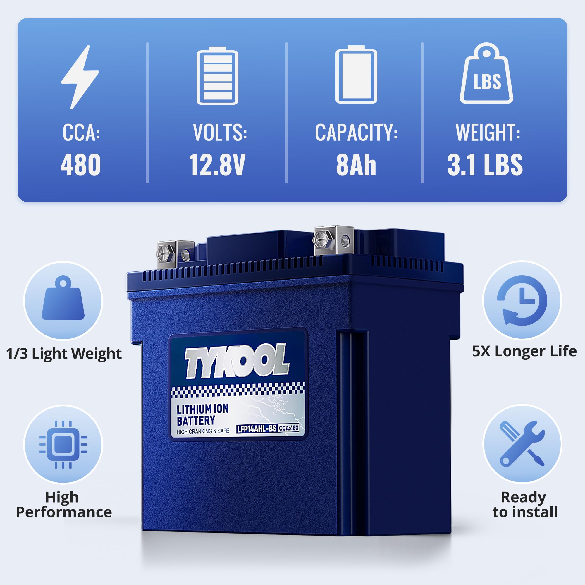 TYKOOL YTX14AHL-BS LiFePO4 Motorcycle Battery 12.8V 8Ah 480CCA Fast Charging, 3X Cranking Amps, Fits ATV,