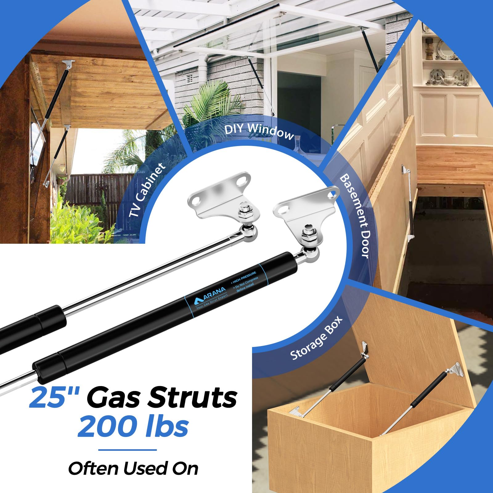 ARANA Gas Prop Struts Shocks - 25 inch, 200 LB Lift-Support, Carbon Steel, Black, Model afb28436-8a6b-4ac9-bef