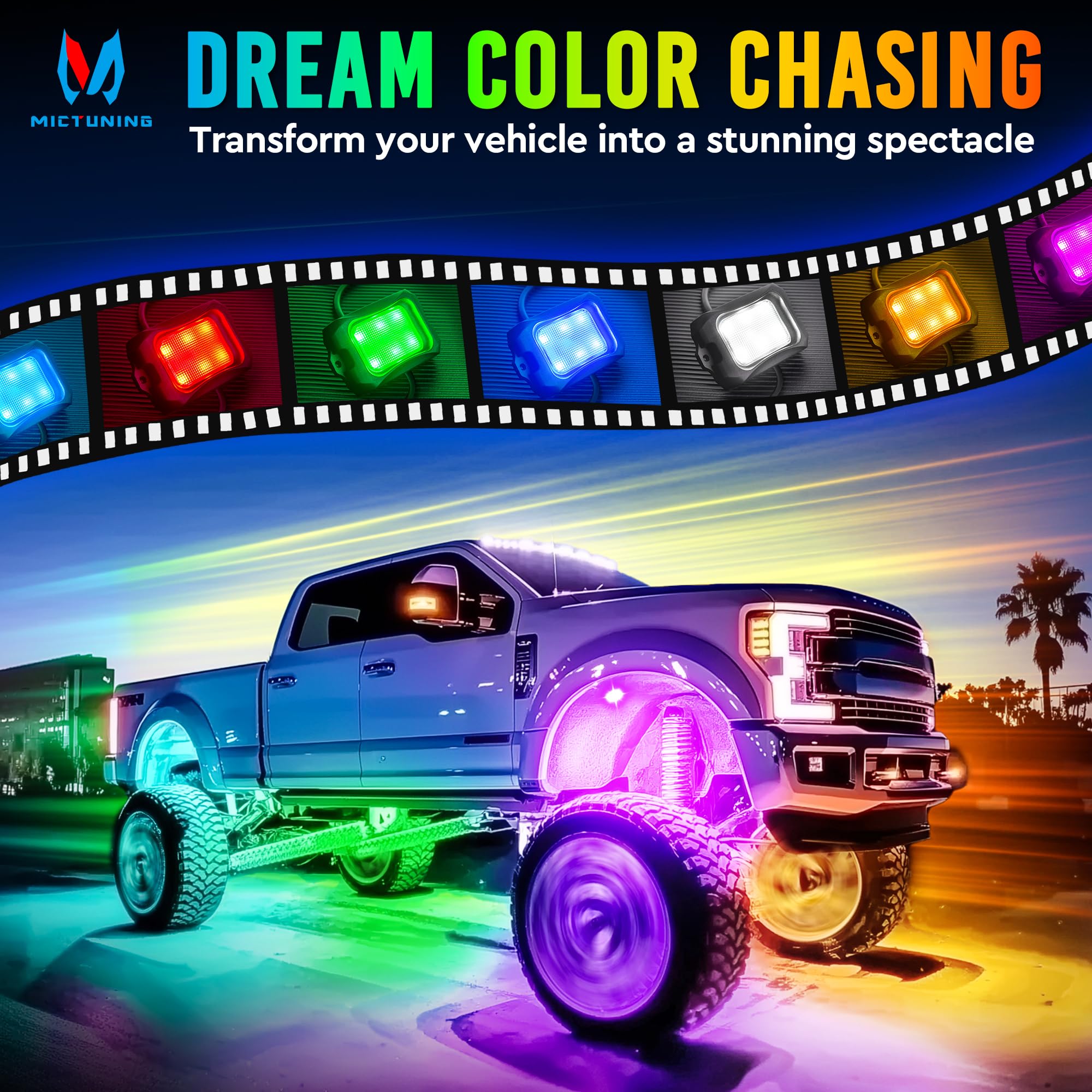 Mictuning Rgb+Ic Chasing Color Led Rock Lights Kit - 8 Pods Underglow With App Control, Ip68 Waterproof, Extendable To 24 Pods -