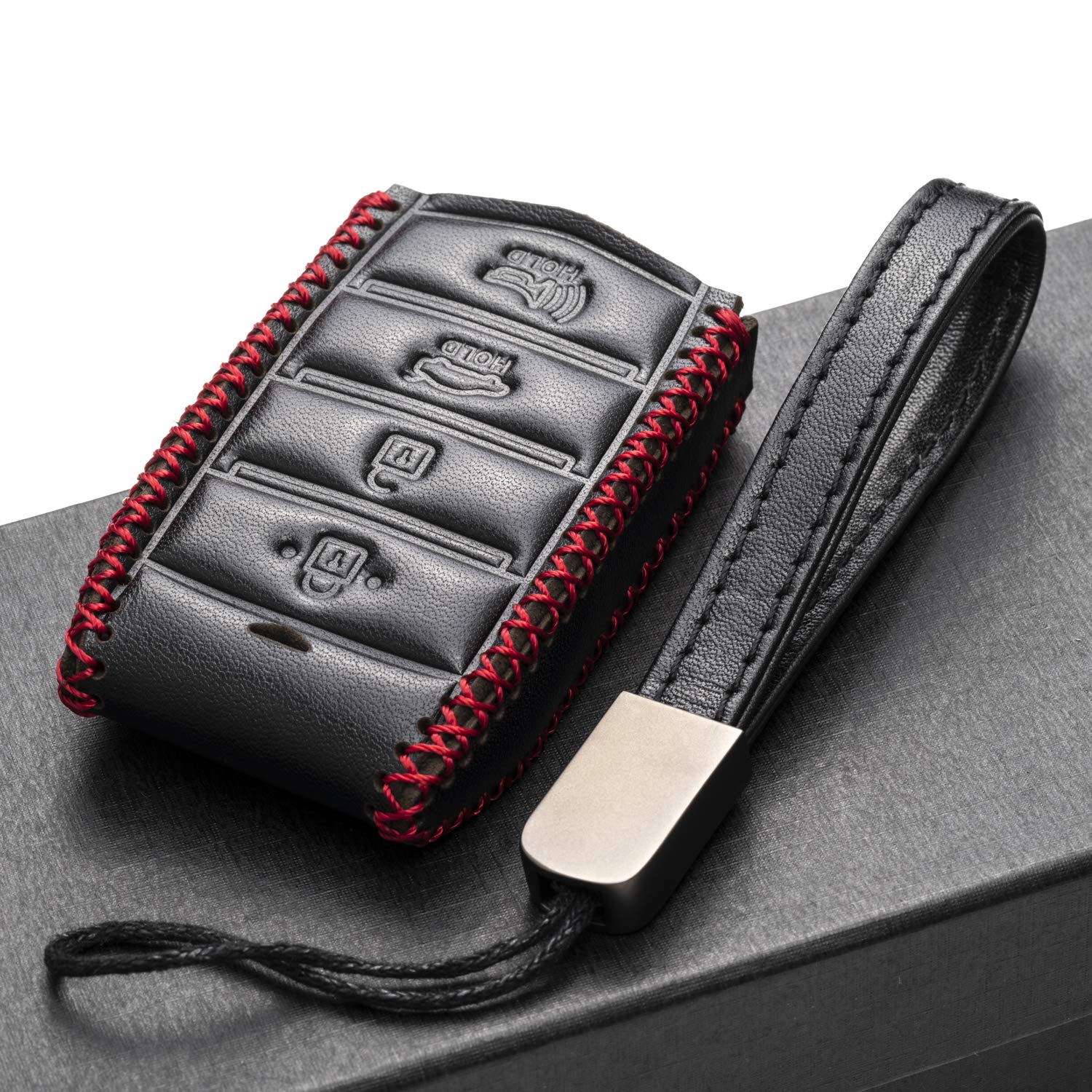 Vitodeco Genuine Leather Smart Key Fob Case Cover Protector With Leather Key Strap Compatible For 2017-2020 Genesis G70, G80, G9