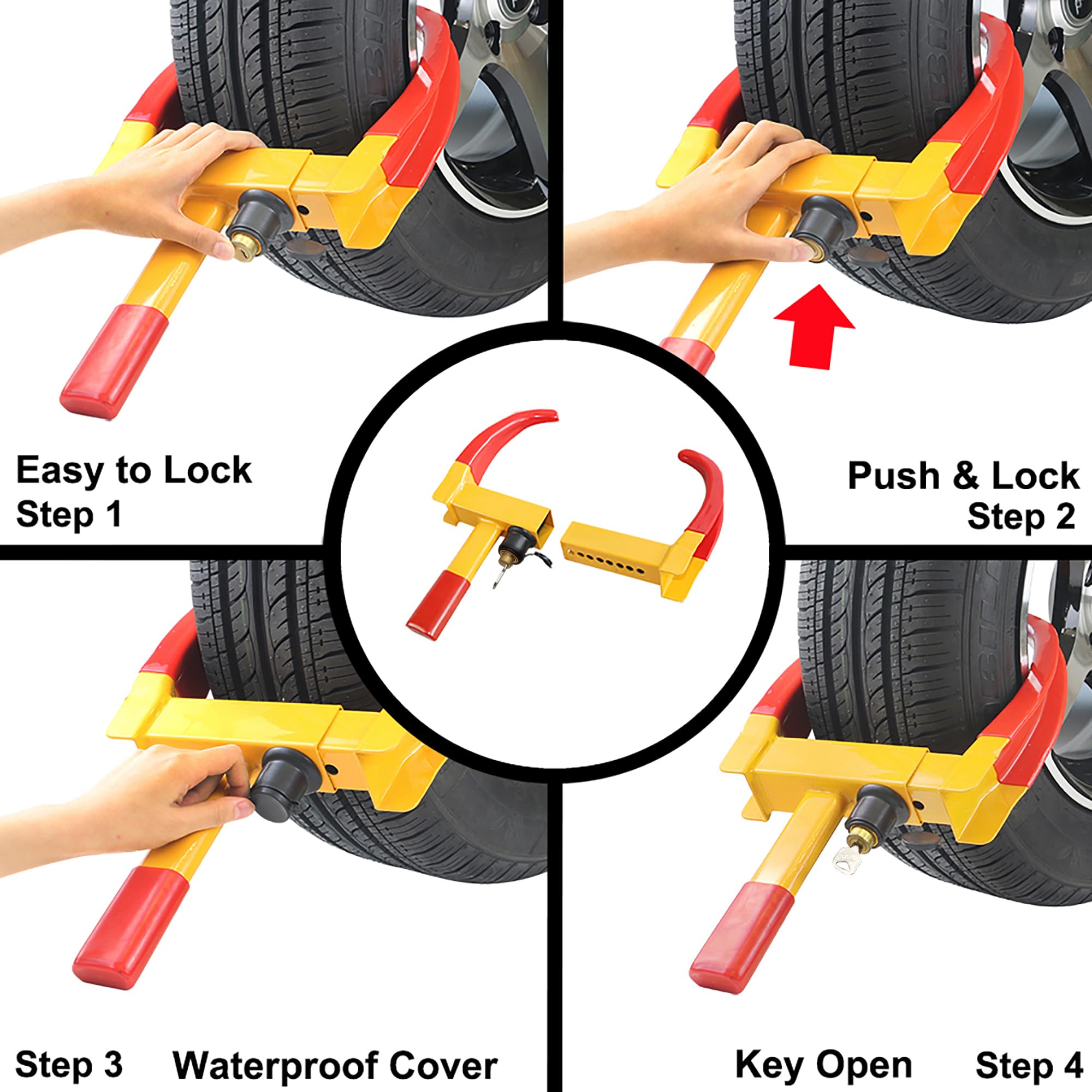 Kaycentop Universal Wheel Lock, Security Trailer Wheel Lock, Tire Lock Anti Theft For Trailers Golf Cart Suv Boat Atv Motorcycle Camper, 3 Keys (Yellow-Red)