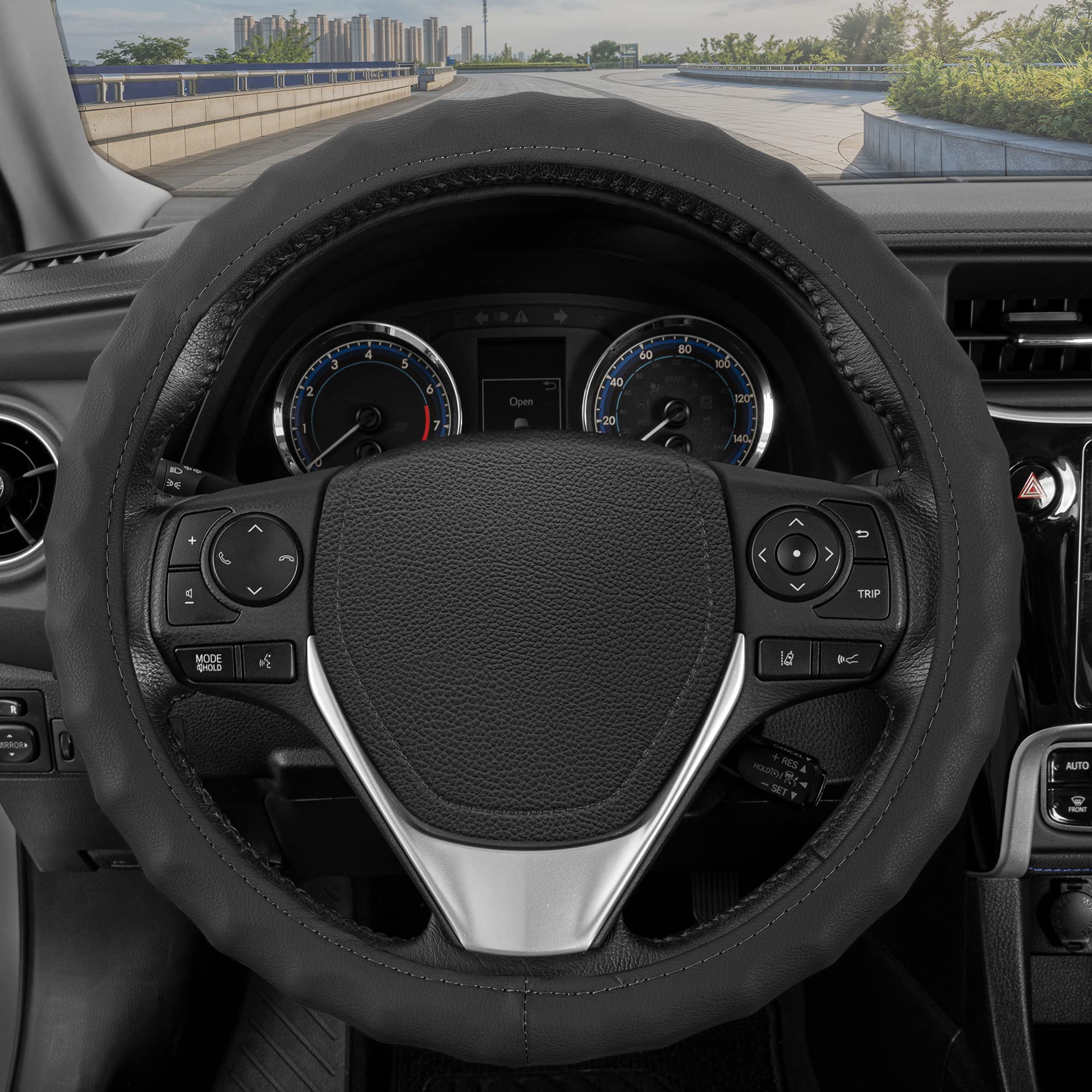 BDK Genuine Black Leather Steering Wheel Cover for Car, Small (13.5'' - 14.5'') - Ergonomic Comfort Grip for Men & Women, Car St