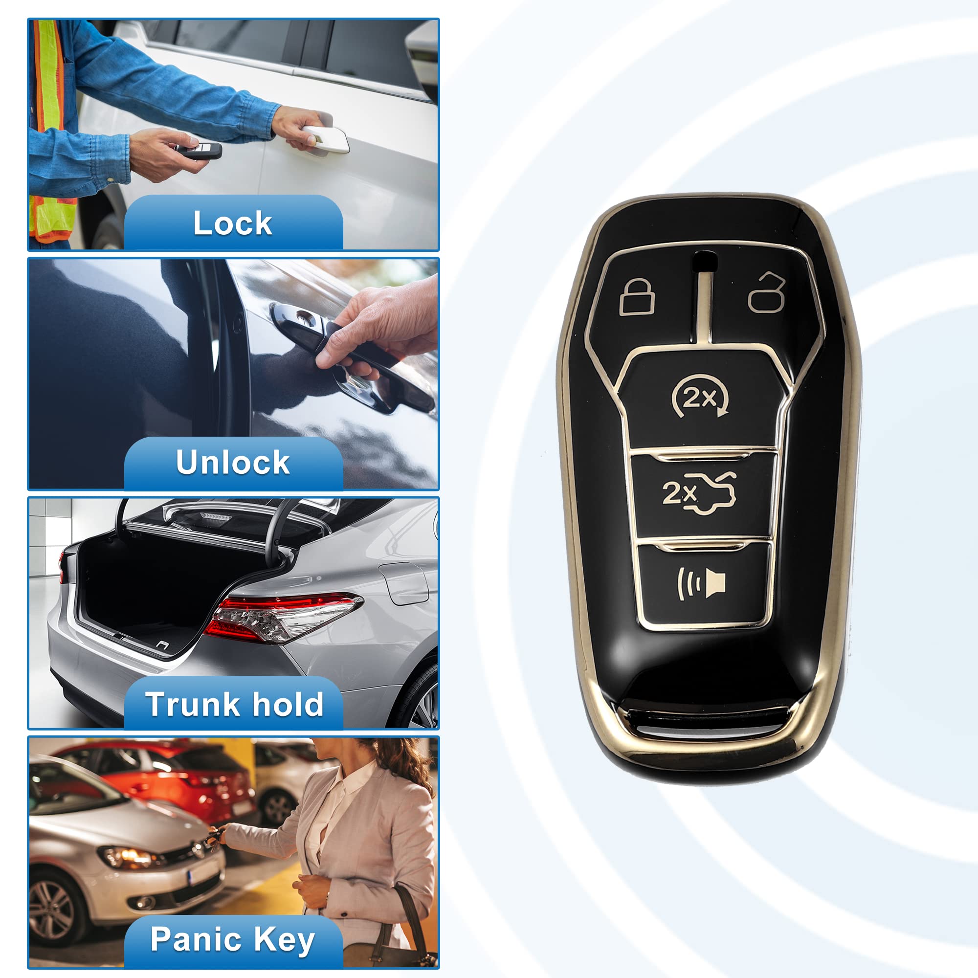 X Autohaux Tpu Car Remote Key Fob Case Cover With Key Chain 5 Button Full Protector For Ford Fusion 2013-2016 For Ford F150 2015-2017 Black