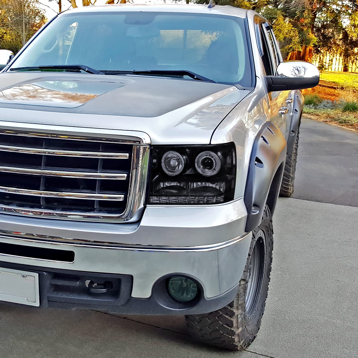 Spec-D Tuning Led Dual Halo Glossy Black Housing Smoke Lens Projector Headlights Compatible With 2007-2013 Gmc Sierra Models 1500/1500Hd/2500Hd/3500Hd Left + Right Pair Headlamps Assembly