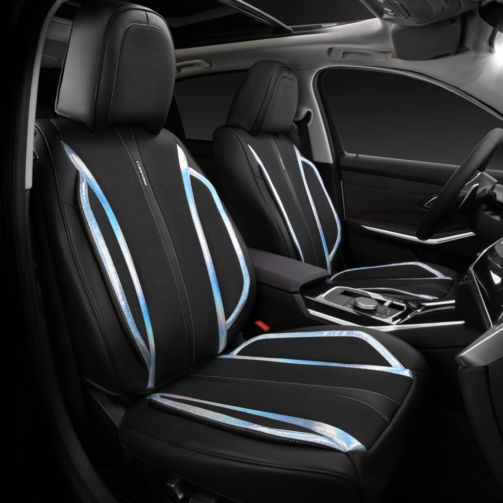 CAR PASS Nappa Leather Holographic Laser Car Seat Covers Front Seats Only Cushioned, Waterproof Waist Protector Universal fit fo