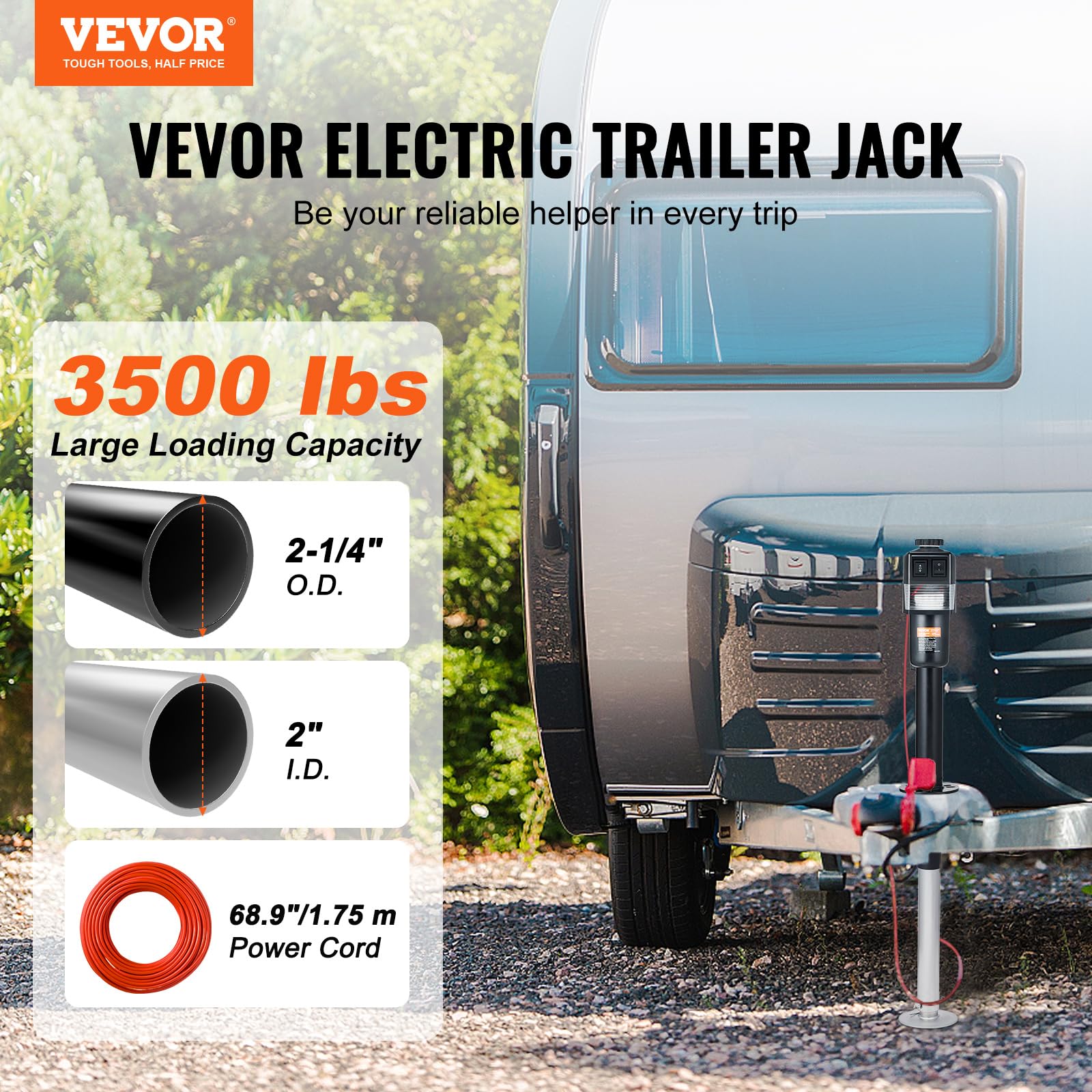 VEVOR Electric Trailer Jack 3500lbs Capacity, 9.84"-33.85" Adjustable, Carbon Steel, Black, Model EJ3500B with Waterproof Cover