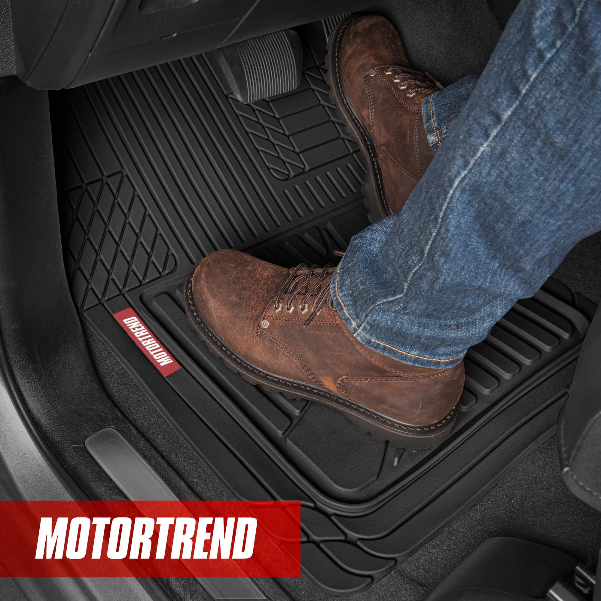 Motor Trend FlexTough Heavy Duty Rubber Black Car Floor Mats All Weather & Jumbo SUV Cargo Liner Full Set - Universal Trim to Fi