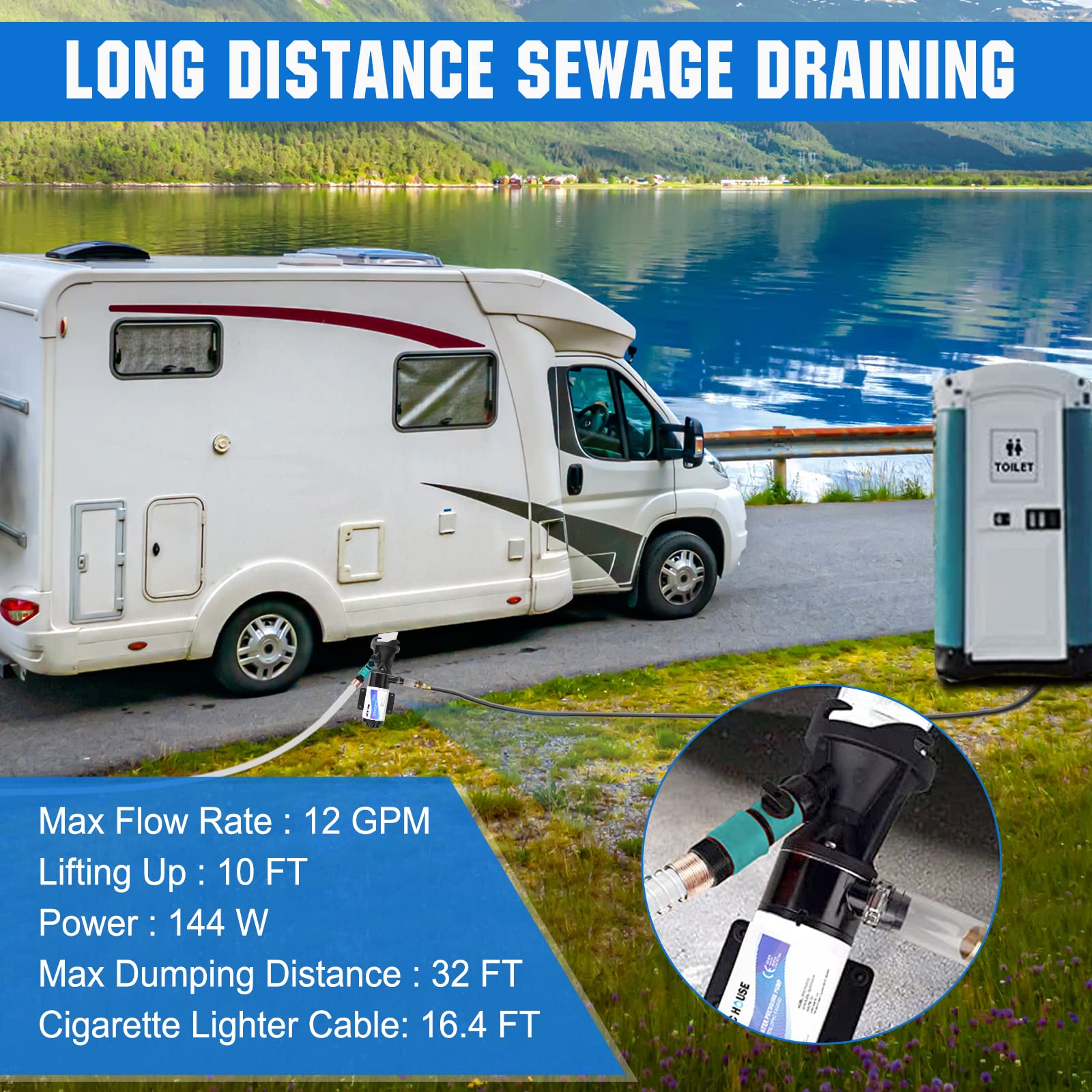 Dc House Rv Macerator Pump 12V 12 Gpm, Portable Waste Water Pump With Garden Hose Discharge Port, Quick Release Sewage Pump For