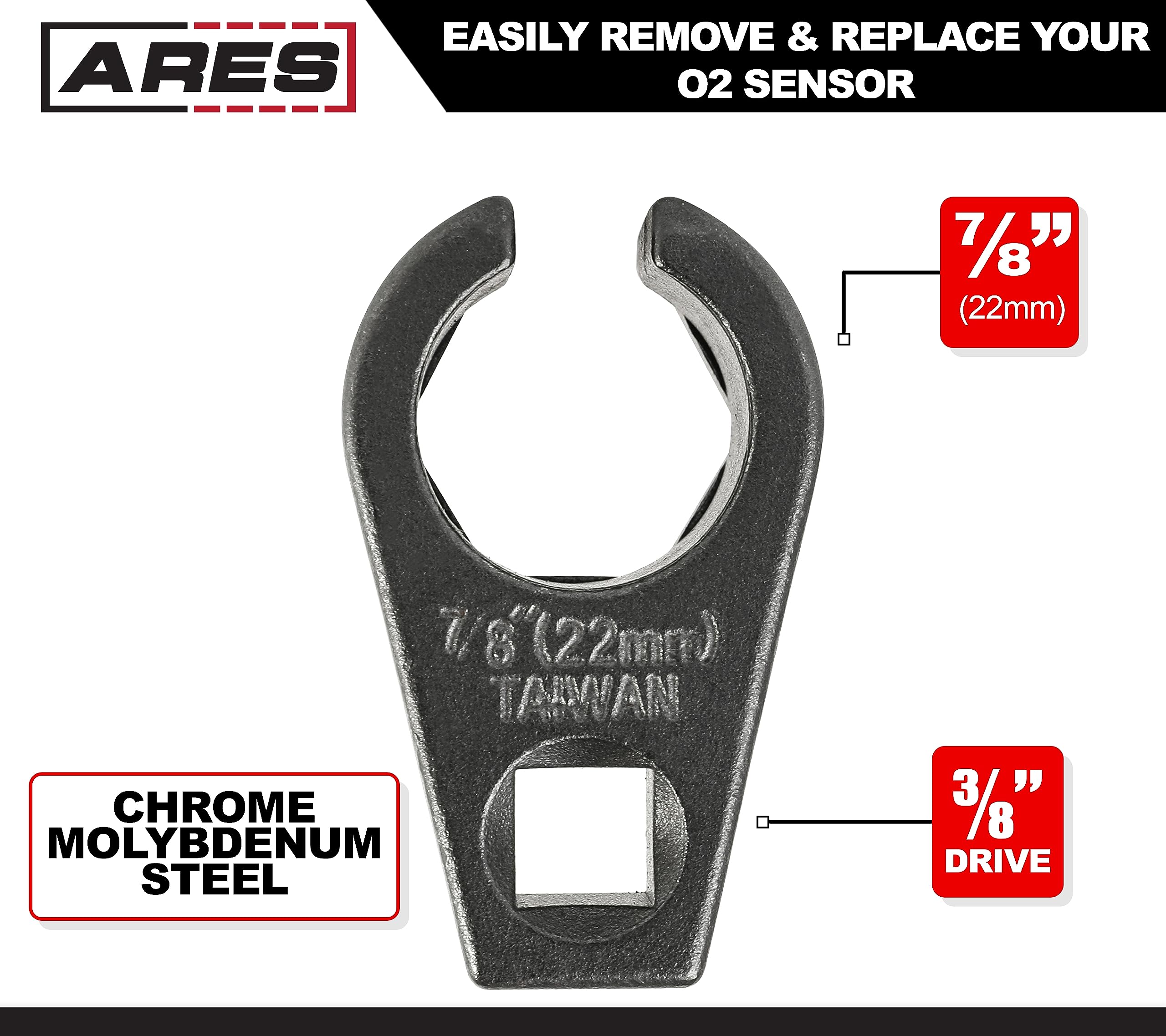 ARES 70039 Offset Oxygen Sensor Socket, 7/8-Inch (22mm), Alloy Steel, Black - Wire Gate Access for Safe Sensor Handling