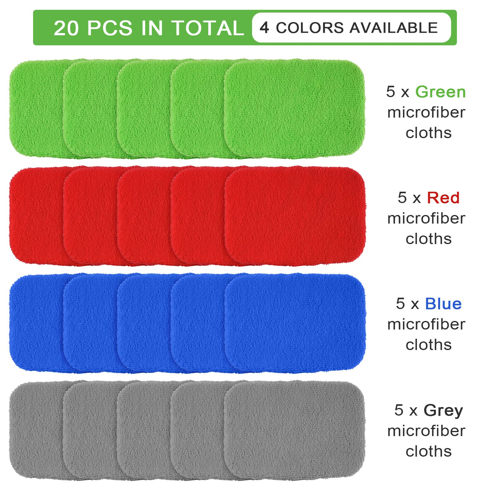 ceyfey Microfiber Cloths 20 Pack for Windshield Cleaning, 15x10 cm, Glass, Green/Grey/Blue/Red, Model Tallew-Cleaner-459