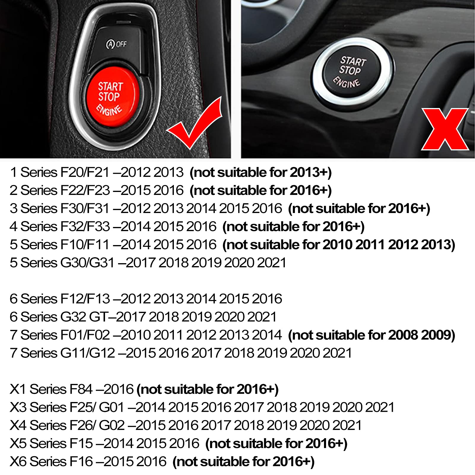 Jaronx Sports Red Start Stop Engine Switch Button Compatible With Bmw,Power Ignition Start Stop Button Replacement(Compatible With Bmw 1 2 3 4 5 6 7 X1 X3 X4 X5 X6/F30 F10 F01 F15 G01 G30 G31 G11 G12)