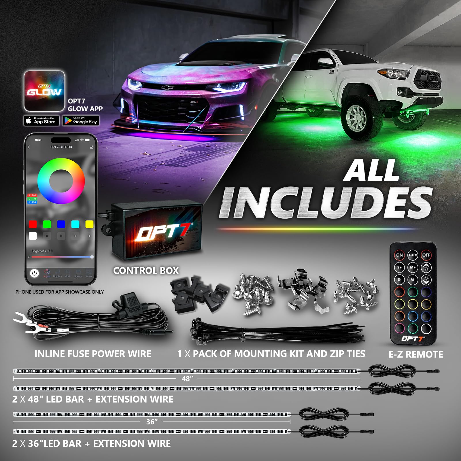 Opt7 Aura Pro Underglow Led Lights With App & Remote Control, Rgb Multicolor Mode, Music Sync, 4 Pcs Waterproof Rigid Aluminum L