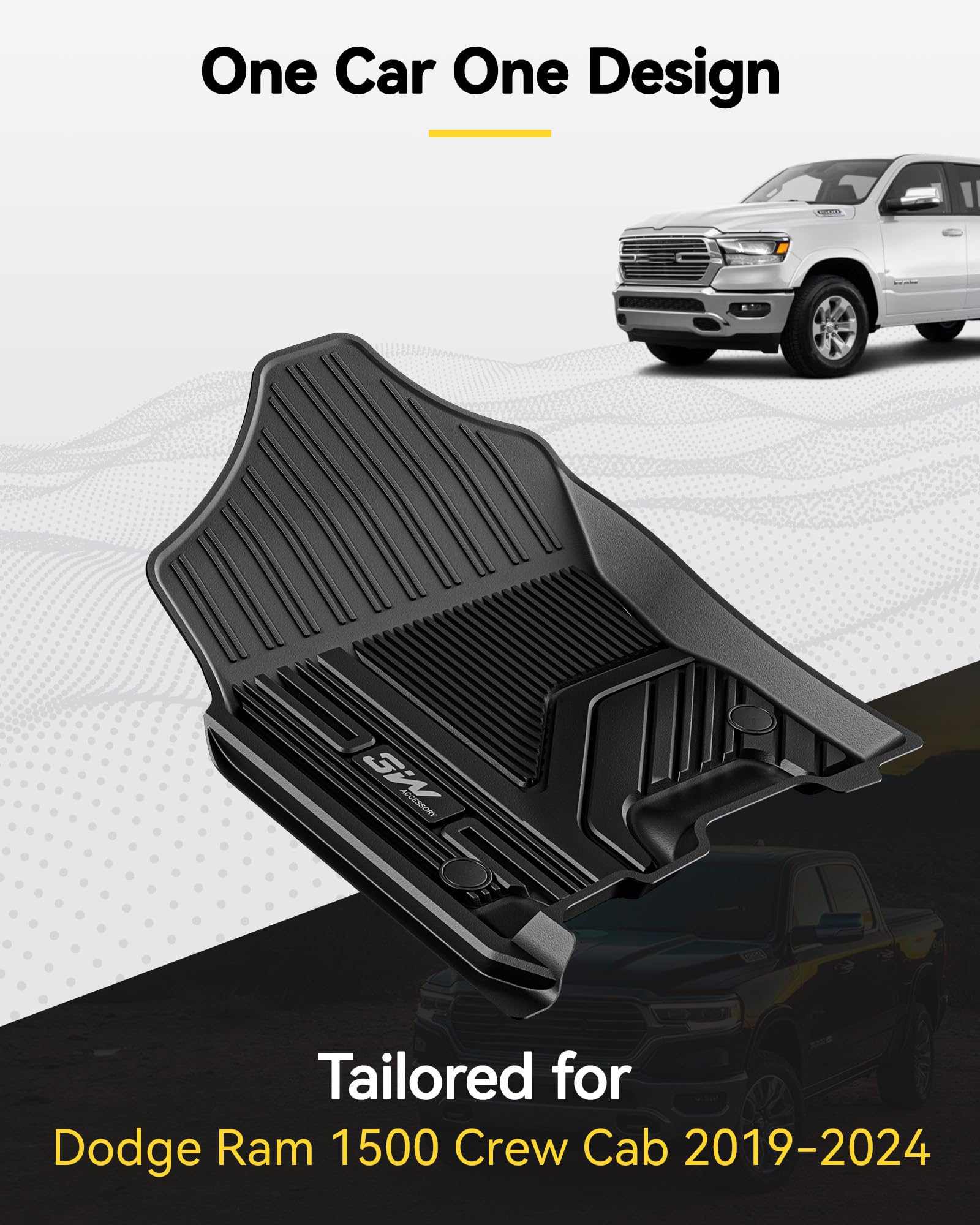 3W Floor Mats Fit For 2019-2024 Dodge Ram 1500 Crew Cab New Body (Not Classic Models) With Original Storage All Weather Tpe Accessories Custom Fit Dodge Ram 1500 Floor Liner Full Set Car Mats
