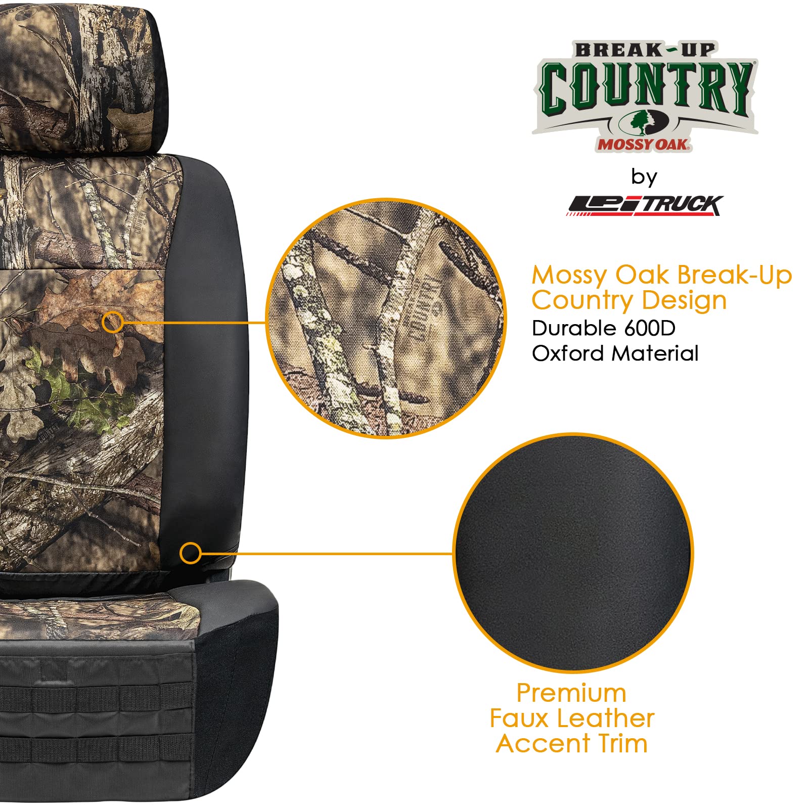 LPI Truck Mossy Oak Heavy Duty Seat Covers for Full-Size SUV/Truck, Faux Leather, Camo, Includes Storage Pockets & Molle Organizer