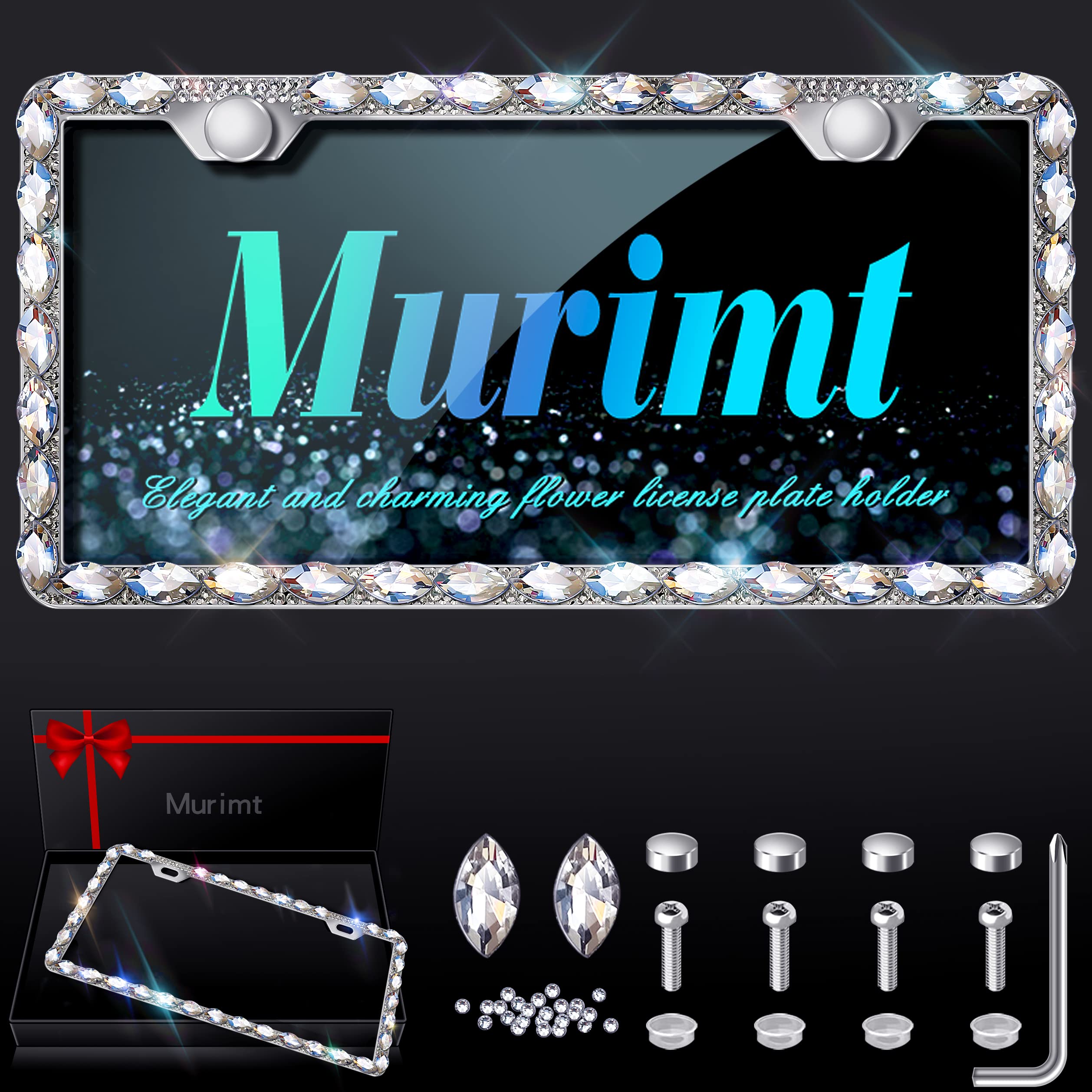 Murimt Bling License Plate Frames With High End Ribbon Gift Box,Rhinestone Sparkly Diamond License Plate Holder, Handcrafted Cry