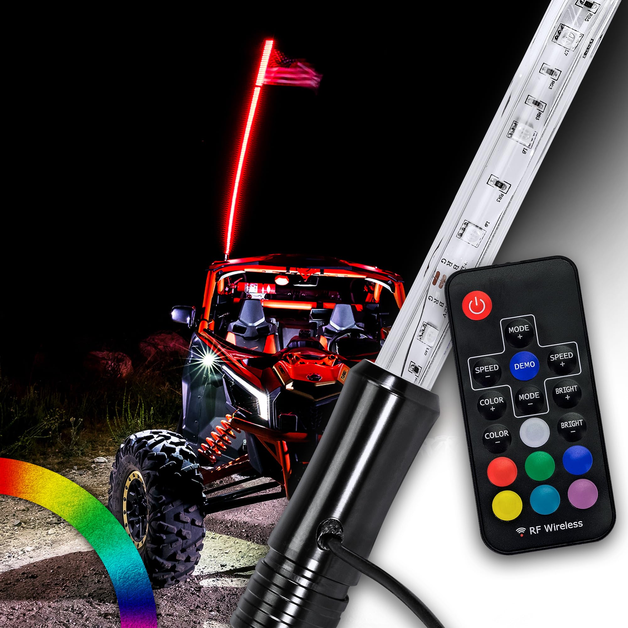 True Mods 6Ft Rgb Led Whip Light For Utv Atv [Rf Wireless Remote] Usa Flag Waterproof Led Lighted Whip Cb Antenna Pole Stick For