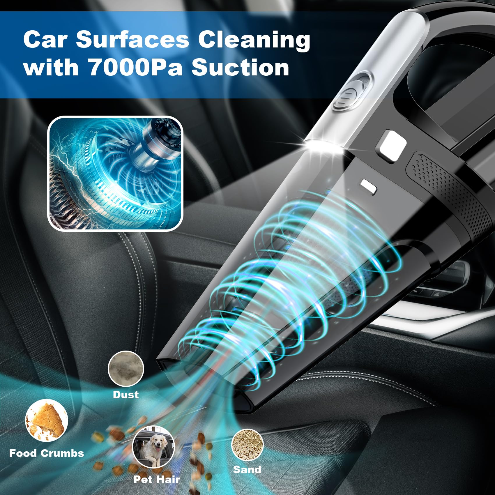 Drecell Car Vacuum, Portable Car Vacuum Cleaner With 7000Pa Suction, Dc 12V High Power 16.4Ft Cord Wired Vacuum Cleaner For Car,