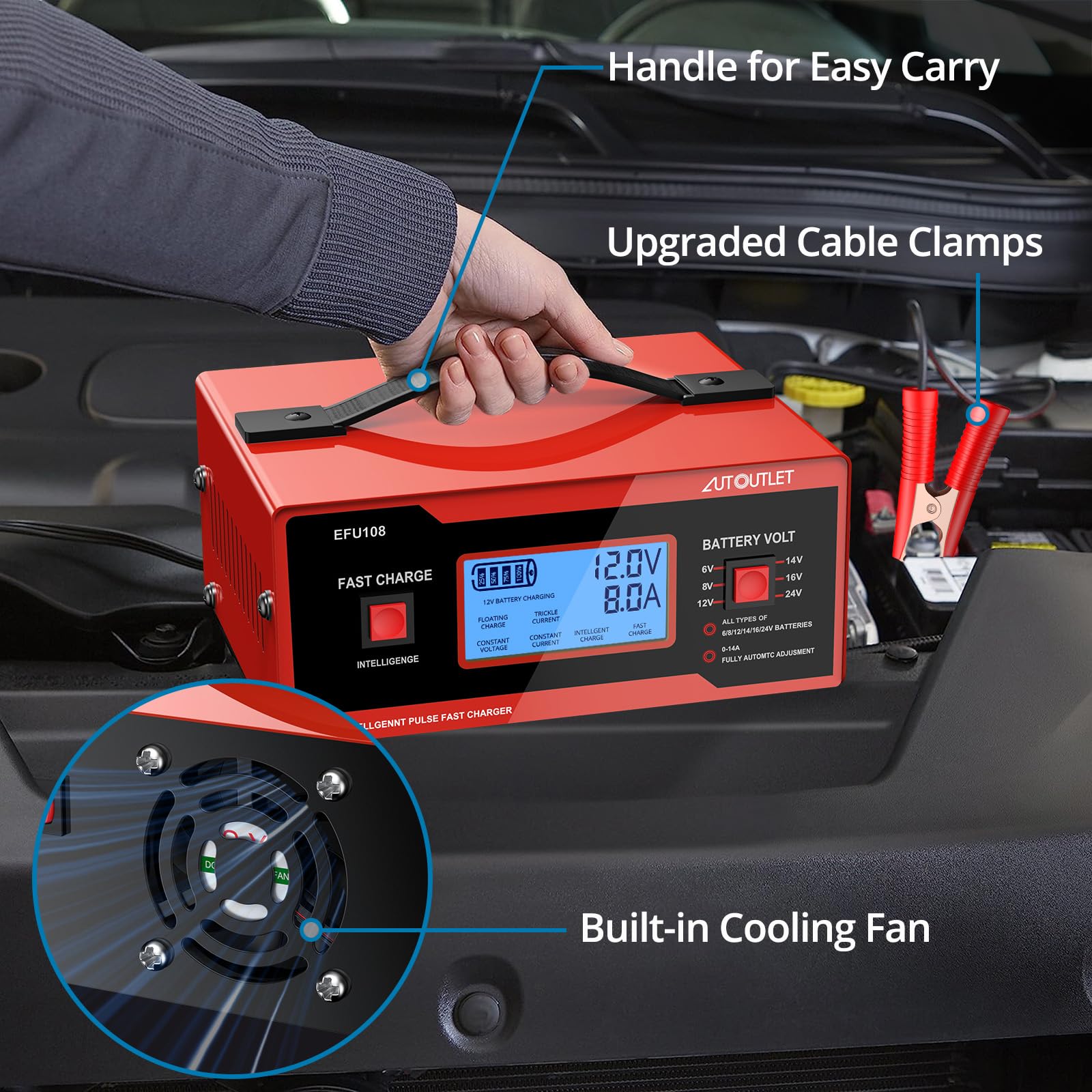 AUTOUTLET 8V Battery Charger for Golf Carts & Automotive, 0-10A, Red, Lead-Acid Compatible